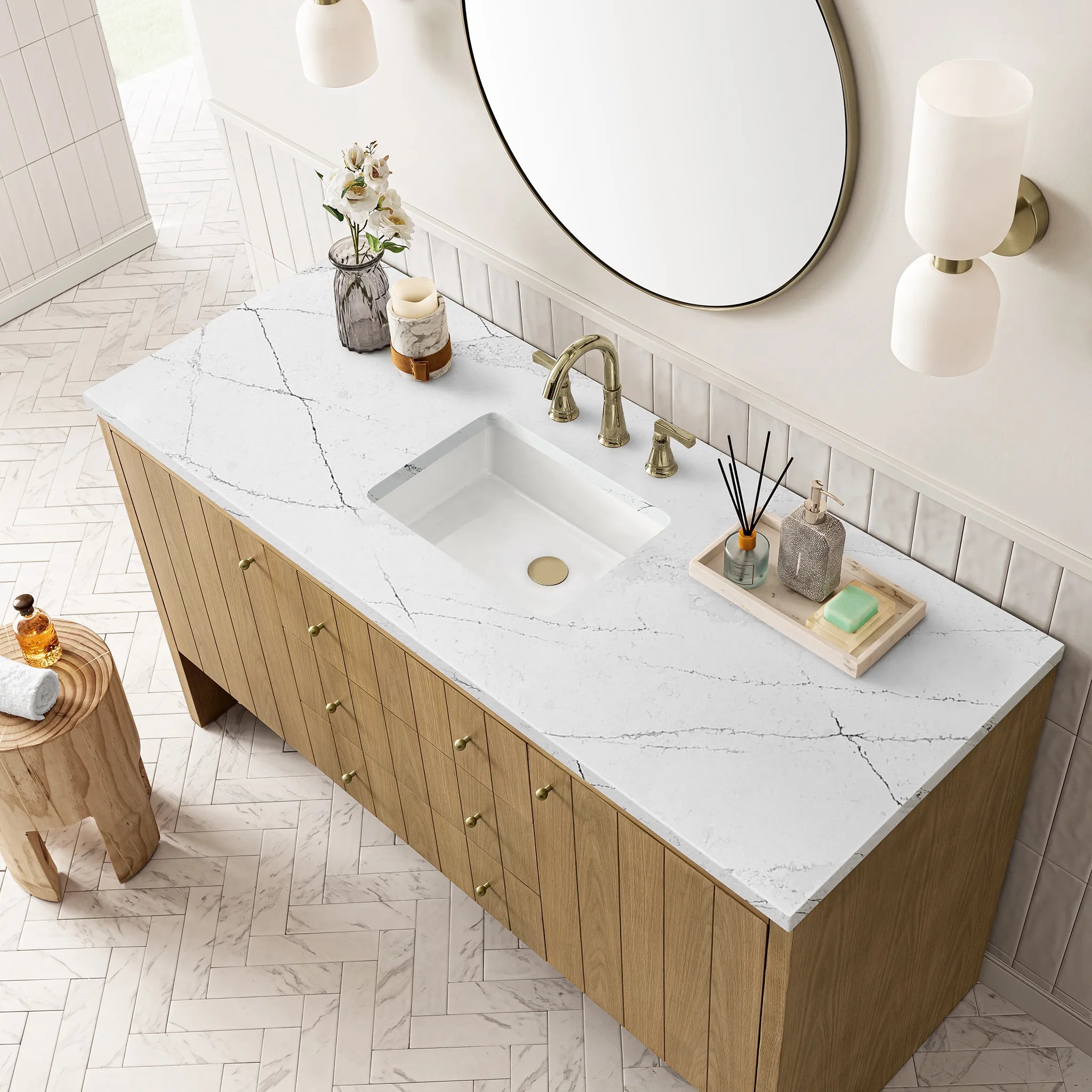 60" Hudson Single Vanity in Light Natural Oak w/FreePower Wireless Charger-Ethereal Noctis Silestone-8" Widespread image 8