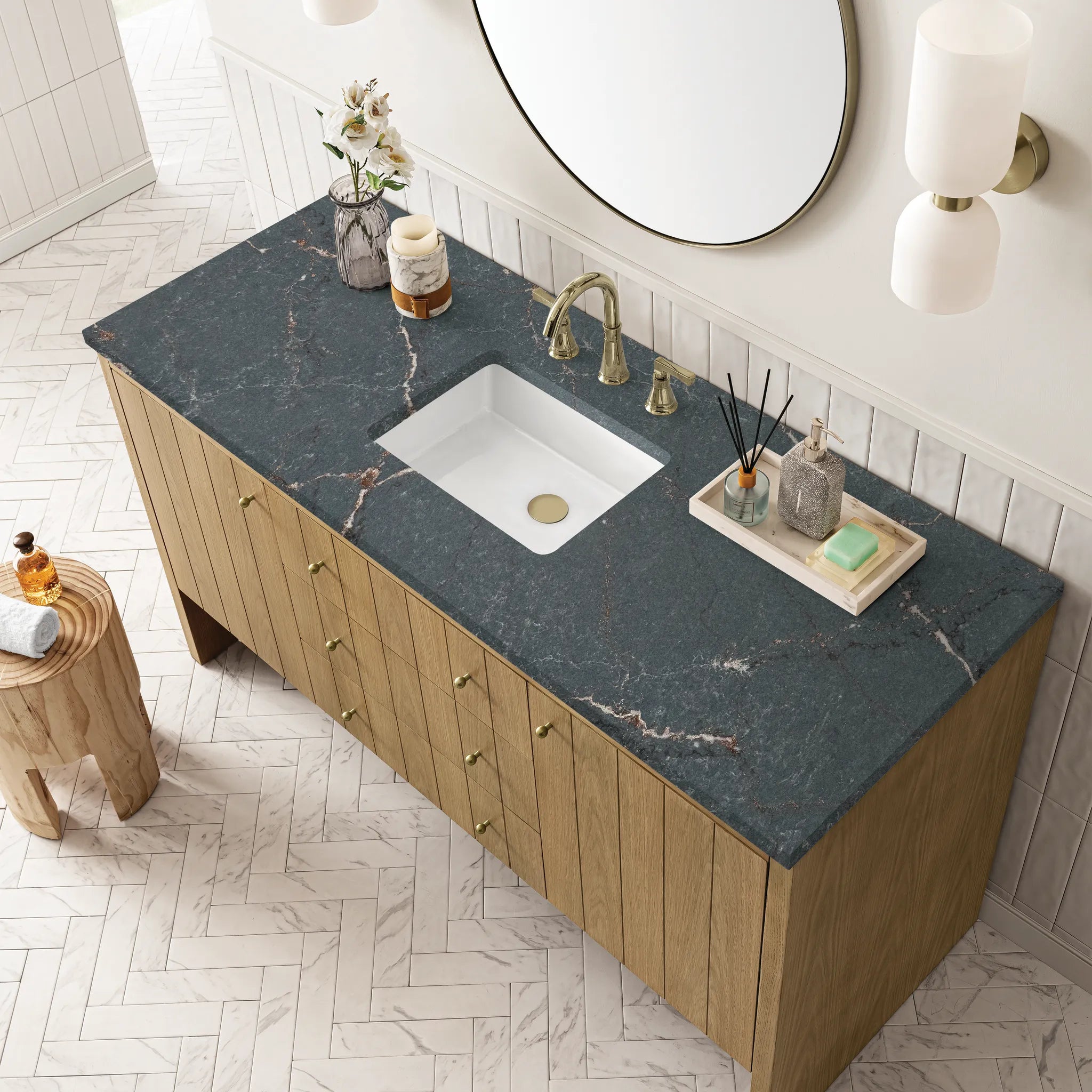 60" Hudson Single Vanity in Light Natural Oak w/FreePower Wireless Charger-Parisien Bleu Silestone-8" Widespread image 8