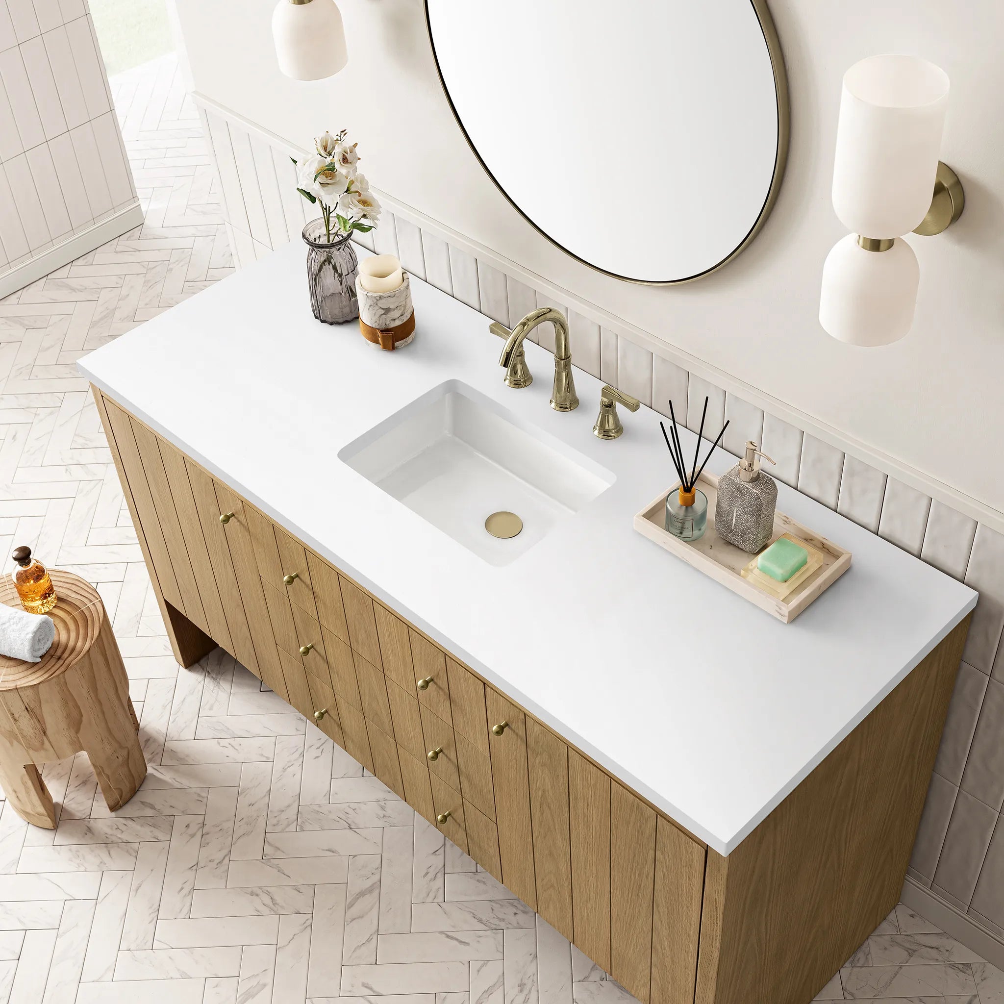 60" Hudson Single Vanity in Light Natural Oak-White Zeus Silestone-8" Widespread image 6