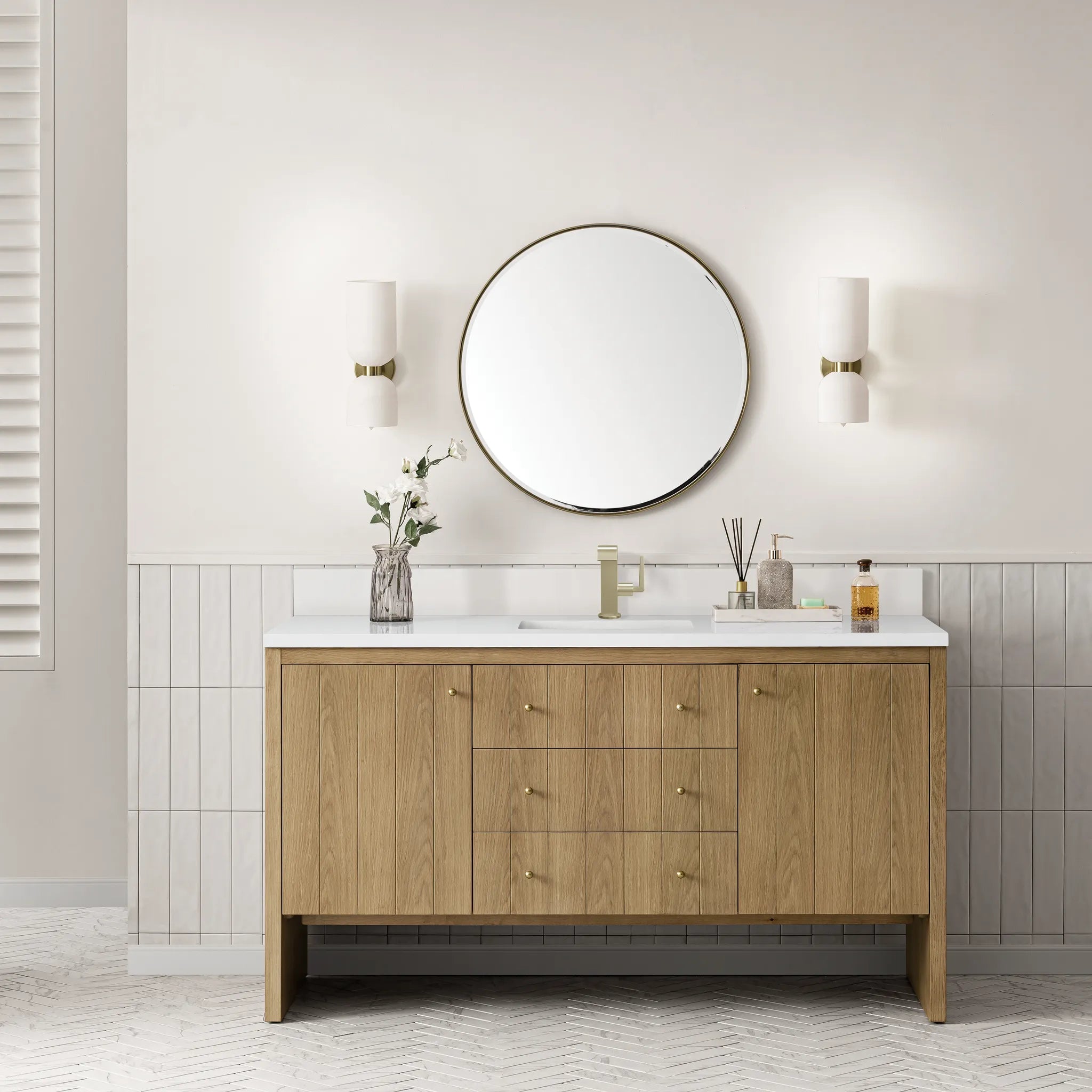 60" Hudson Single Vanity in Light Natural Oak-White Zeus Silestone & Backsplash-Single Hole image 1