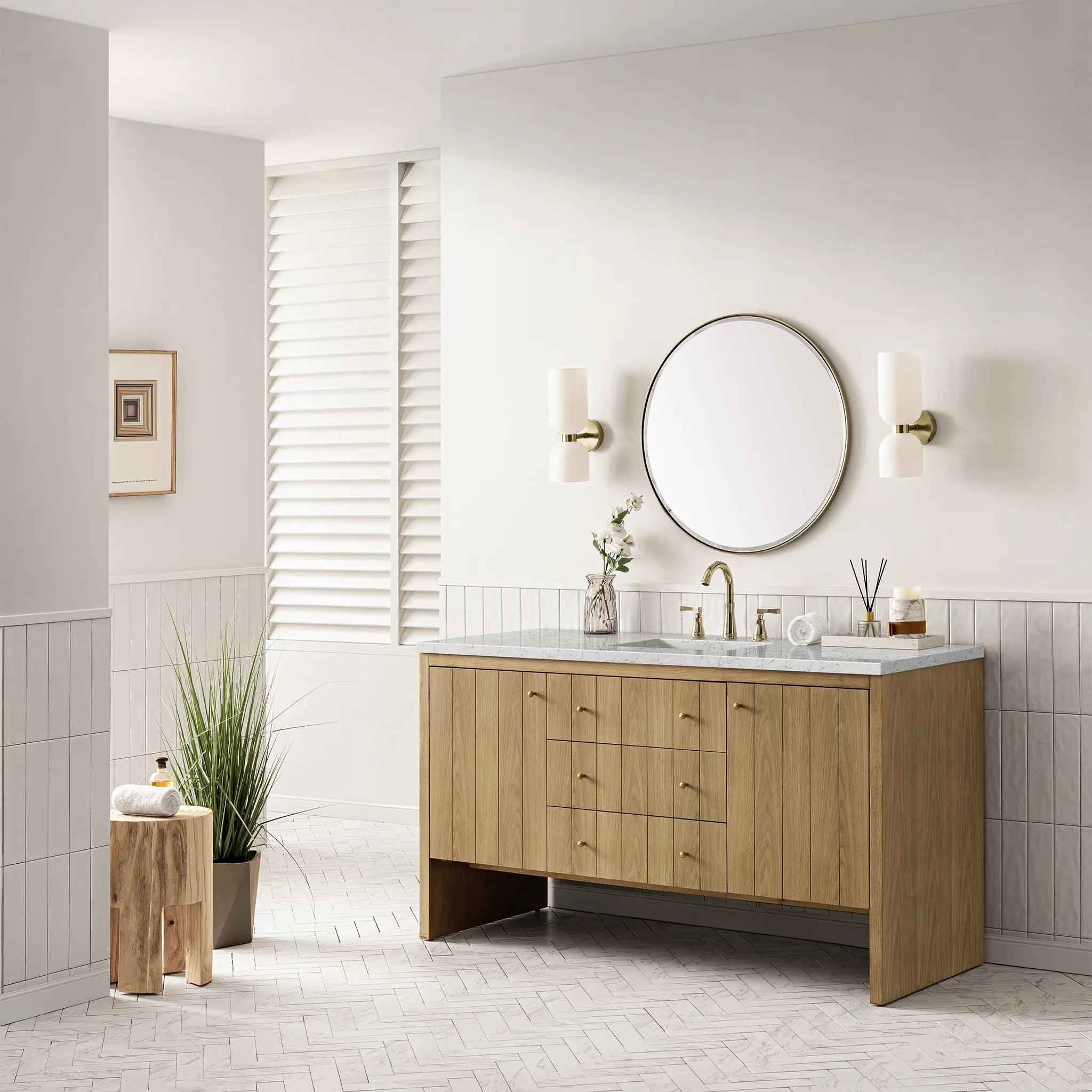 60" Hudson Single Vanity in Light Natural Oak Wireless Charger-Eternal Jasmine Pearl Silestone-8" Widespread image 5