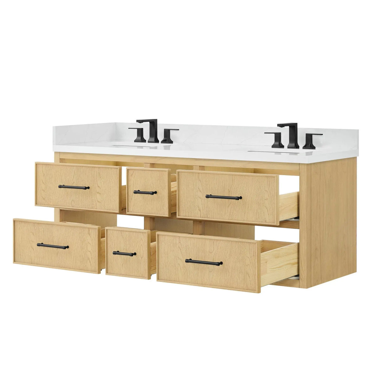 60" Isola Double Wall Mounted Bathroom Vanity Scandinavian Oak Matte Black Trim by wyndham View 7