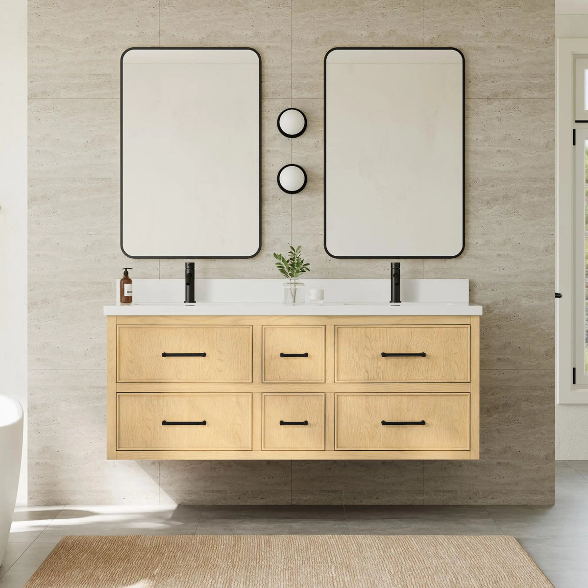 60" Isola Double Wall Mounted Bathroom Vanity Scandinavian Oak Matte Black Trim by wyndham View 10