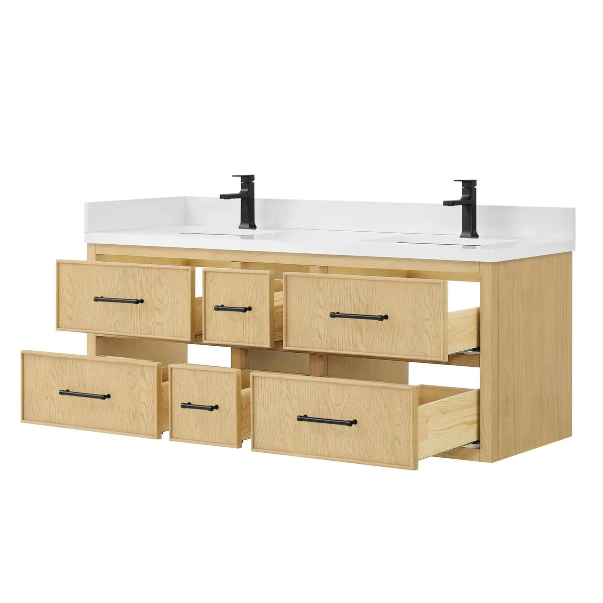 60" Isola Double Wall Mounted Bathroom Vanity Scandinavian Oak Matte Black Trim by wyndham View 11