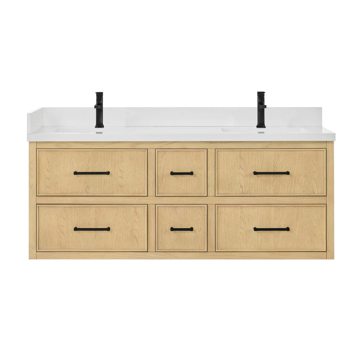 60" Isola Double Wall Mounted Bathroom Vanity Scandinavian Oak Matte Black Trim by wyndham View 9