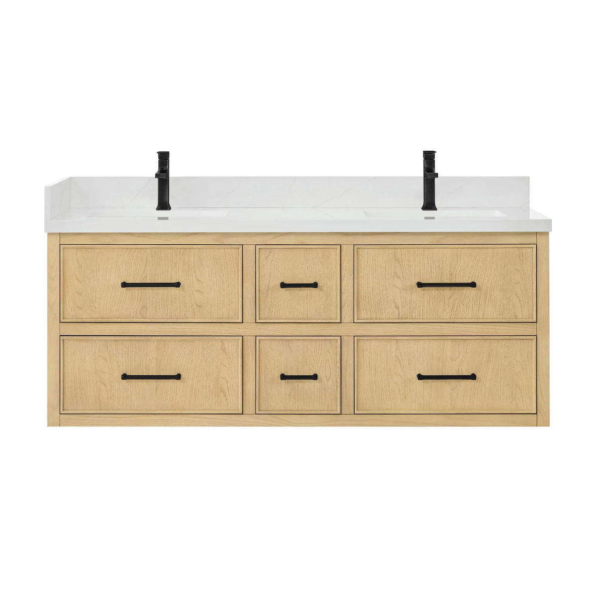 60" Isola Double Wall Mounted Bathroom Vanity Scandinavian Oak Matte Black Trim by wyndham View 1