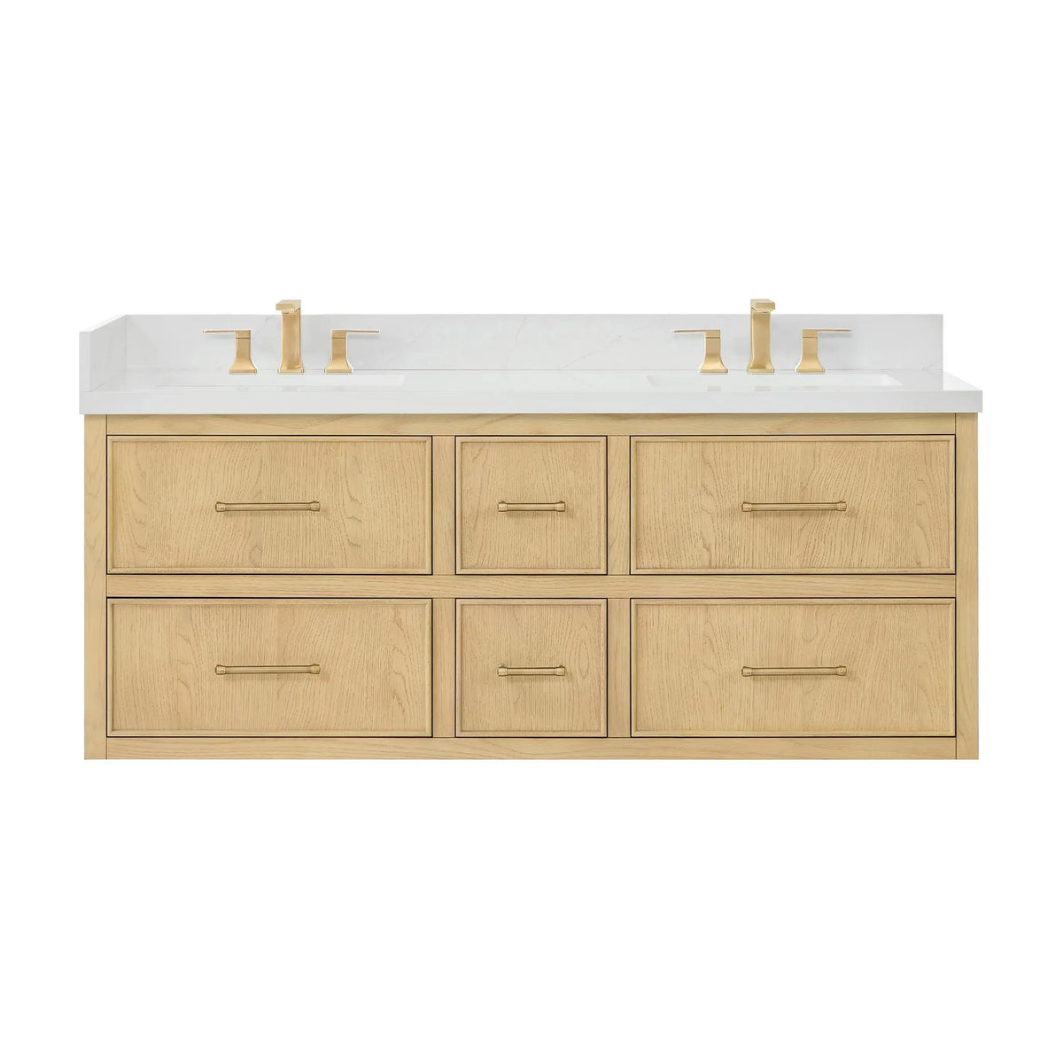 60" Isola Double Wall Mounted Bathroom Vanity Scandinavian Oak Satin Bronze Trim by wyndham View 5