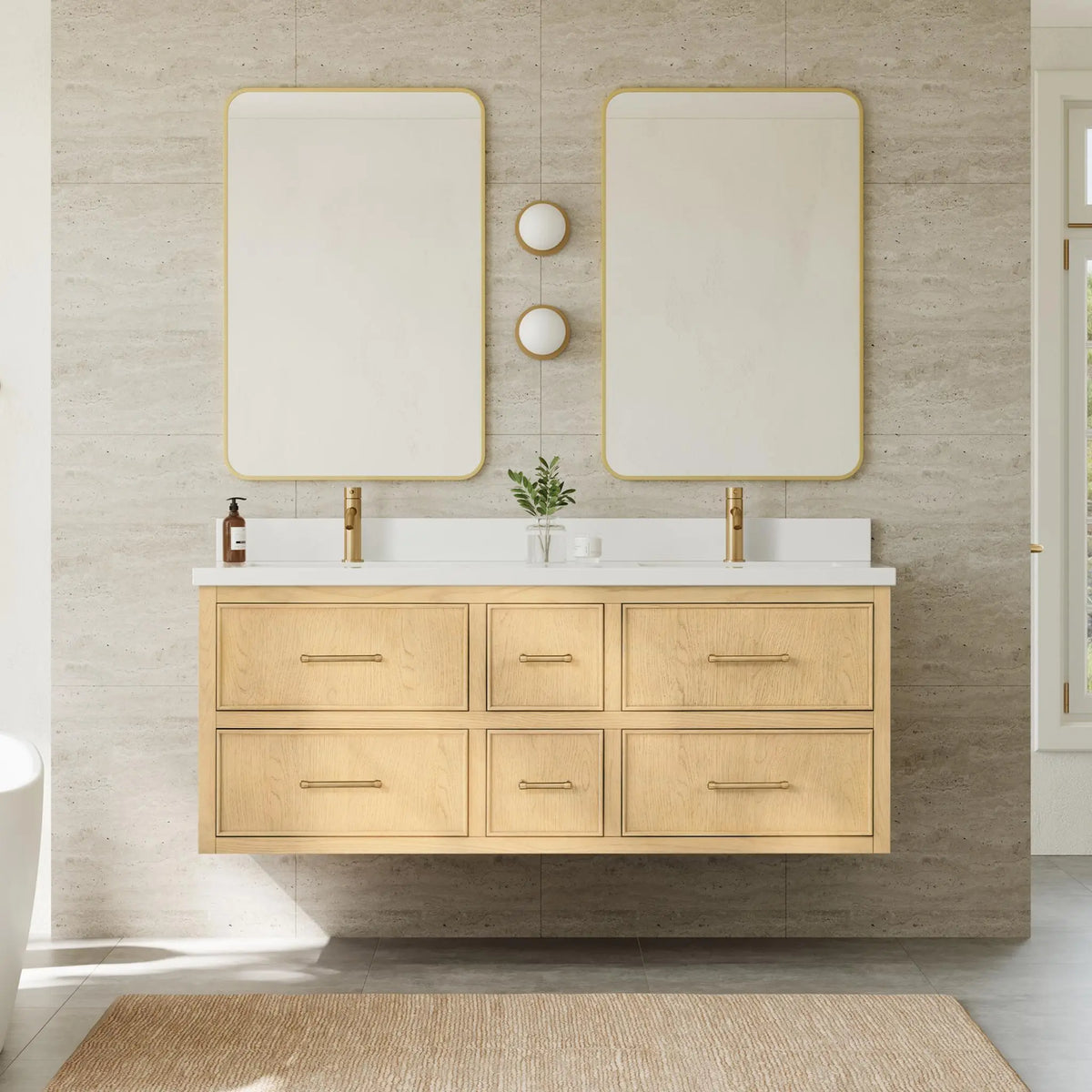 60" Isola Double Wall Mounted Bathroom Vanity Scandinavian Oak Satin Bronze Trim by wyndham View 10