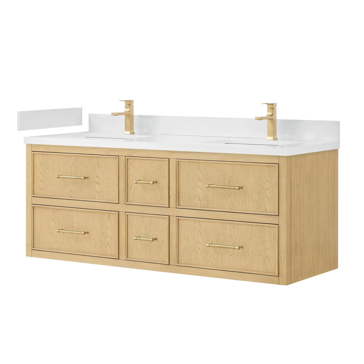 60" Isola Double Wall Mounted Bathroom Vanity Scandinavian Oak Satin Bronze Trim by wyndham View 12