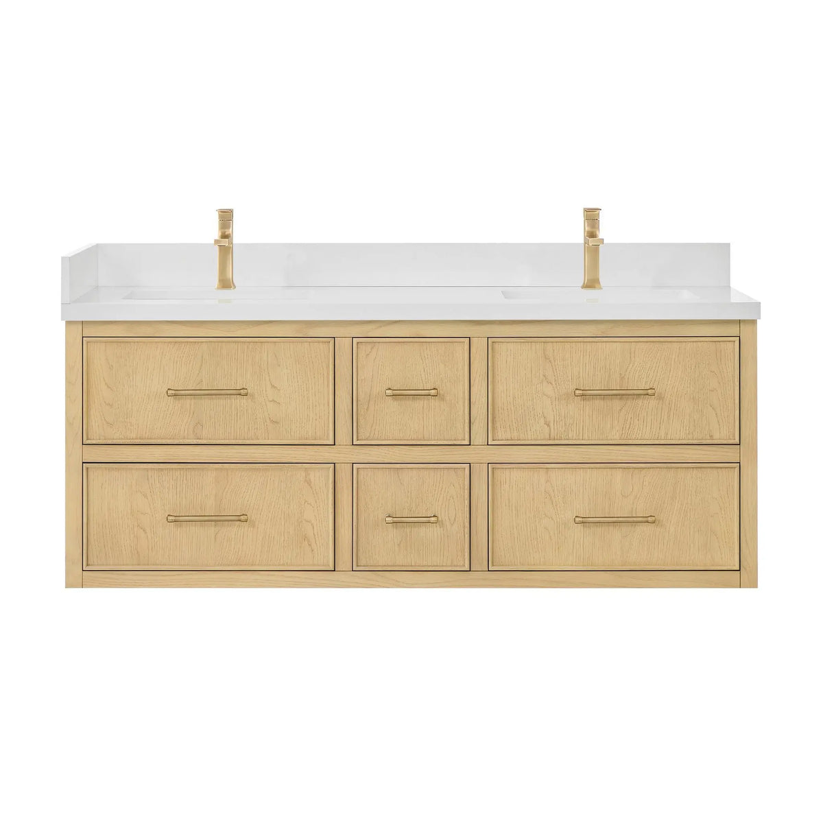 60" Isola Double Wall Mounted Bathroom Vanity Scandinavian Oak Satin Bronze Trim by wyndham View 9