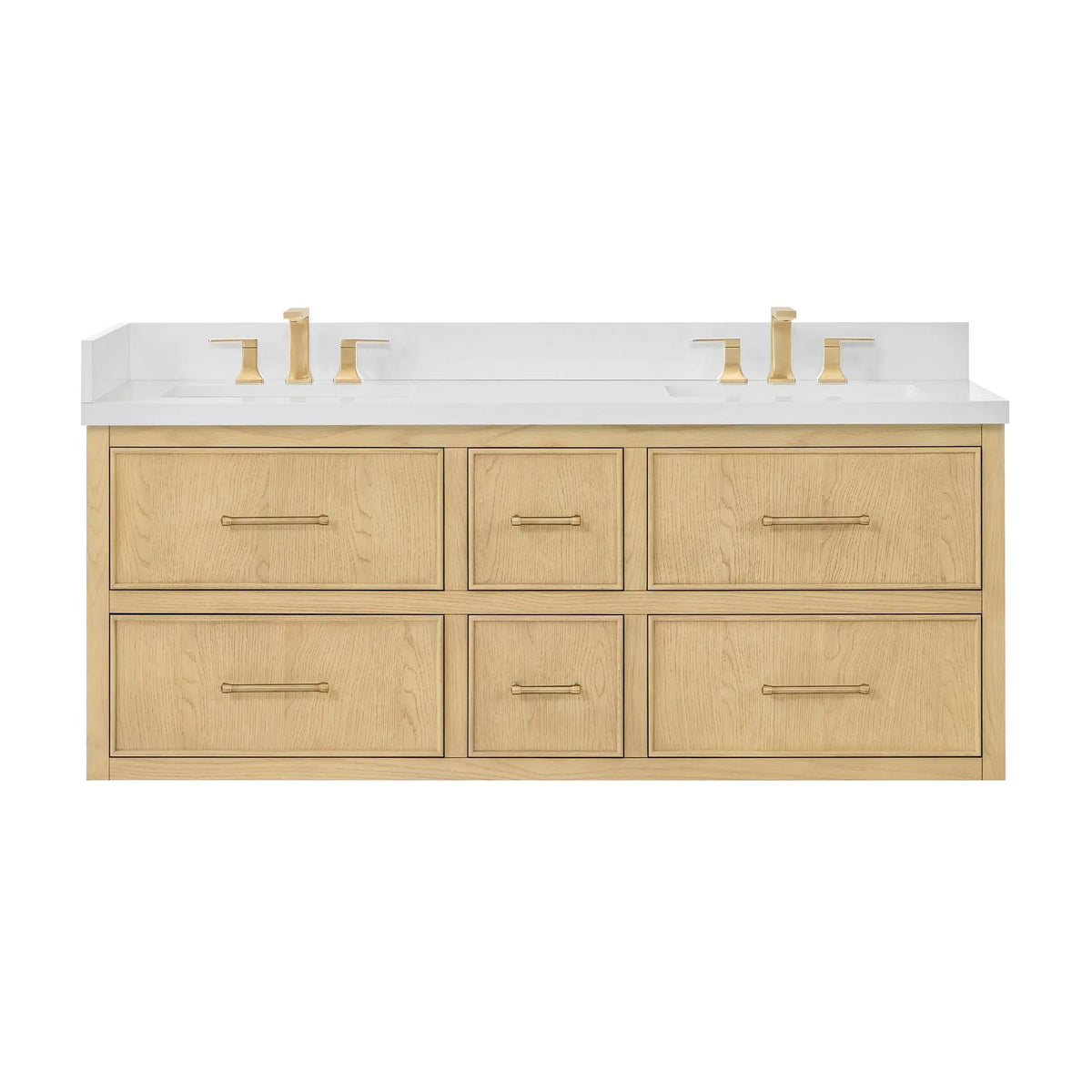 60" Isola Double Wall Mounted Bathroom Vanity Scandinavian Oak Satin Bronze Trim by wyndham View 13