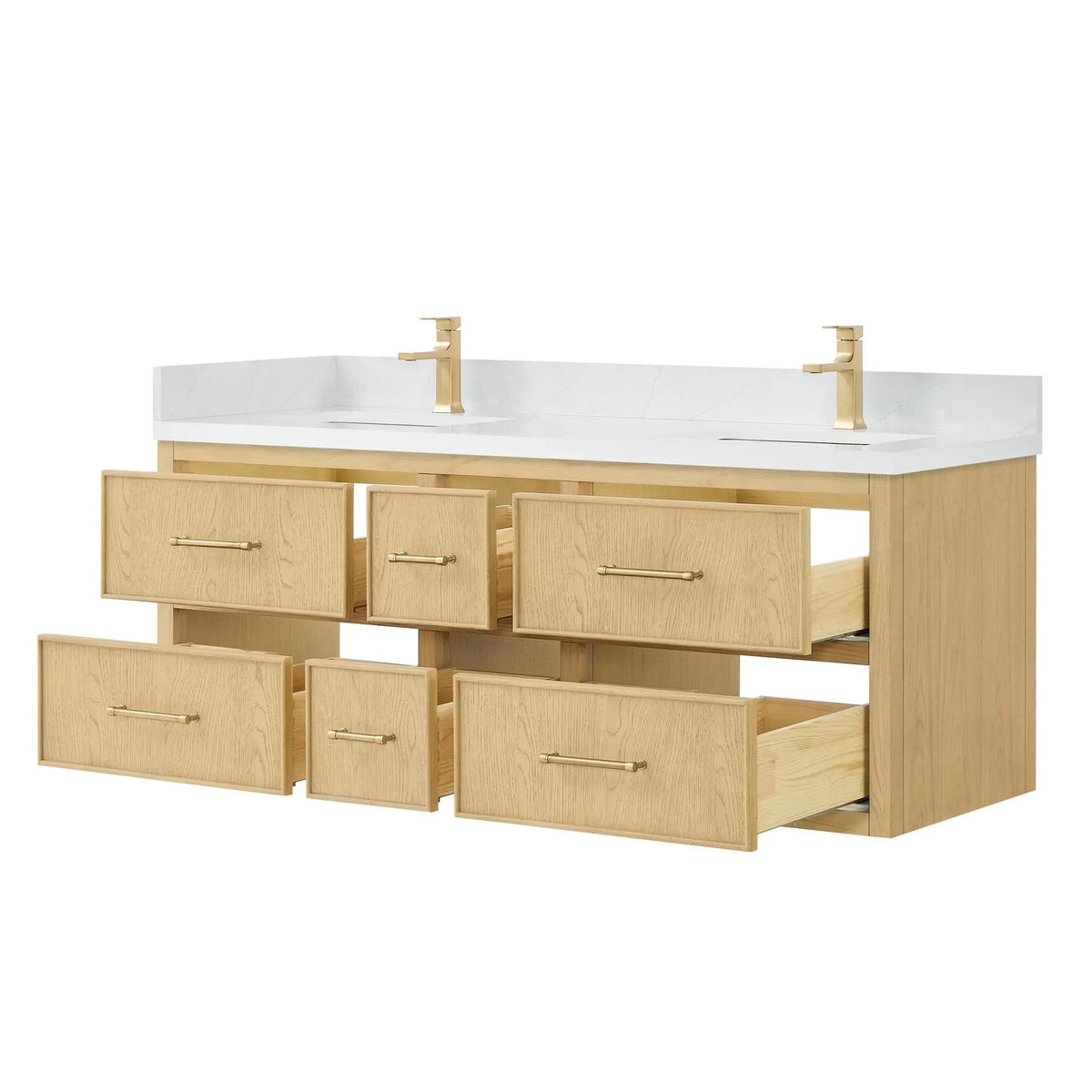 60" Isola Double Wall Mounted Bathroom Vanity Scandinavian Oak Satin Bronze Trim by wyndham View 3