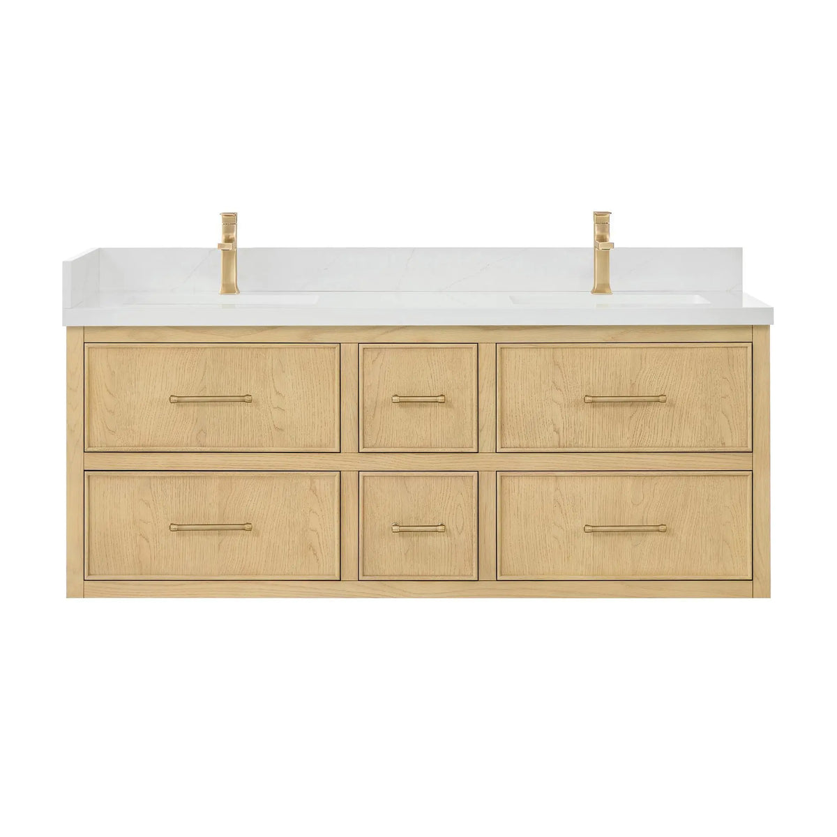 60" Isola Double Wall Mounted Bathroom Vanity Scandinavian Oak Satin Bronze Trim by wyndham View 1