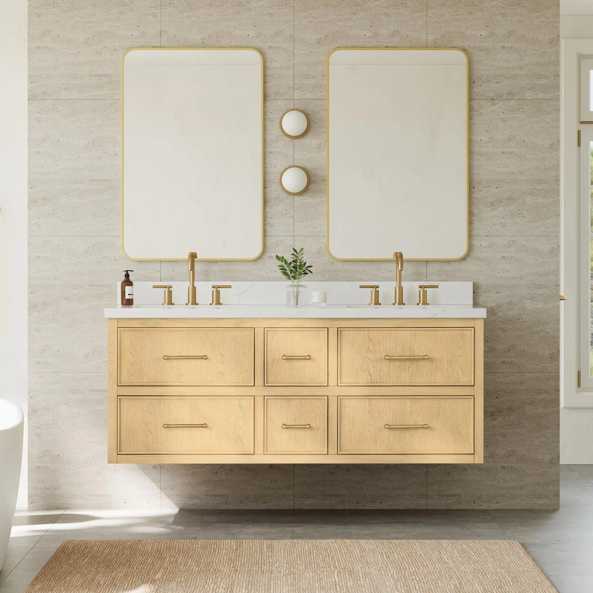 60" Isola Double Wall Mounted Bathroom Vanity Scandinavian Oak Satin Bronze Trim by wyndham View 6