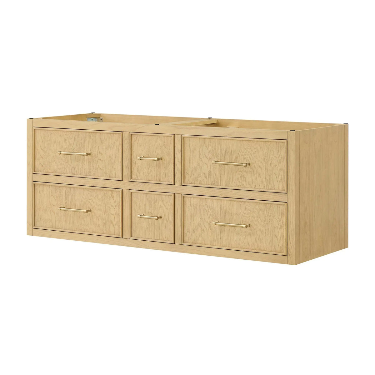 60" Isola Double Wall Mounted Bathroom Vanity Scandinavian Oak Satin Bronze Trim by wyndham View 20