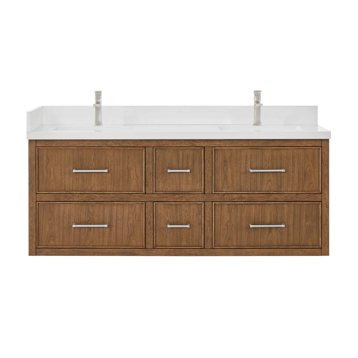 60" Isola Double Wall Mounted Bathroom Vanity Toasted Walnut Brushed Nickel Trim by wyndham View 9