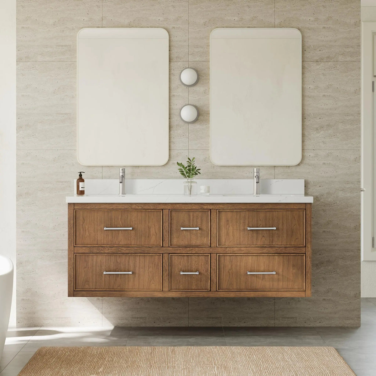 60" Isola Double Wall Mounted Bathroom Vanity Toasted Walnut Brushed Nickel Trim by wyndham View 2