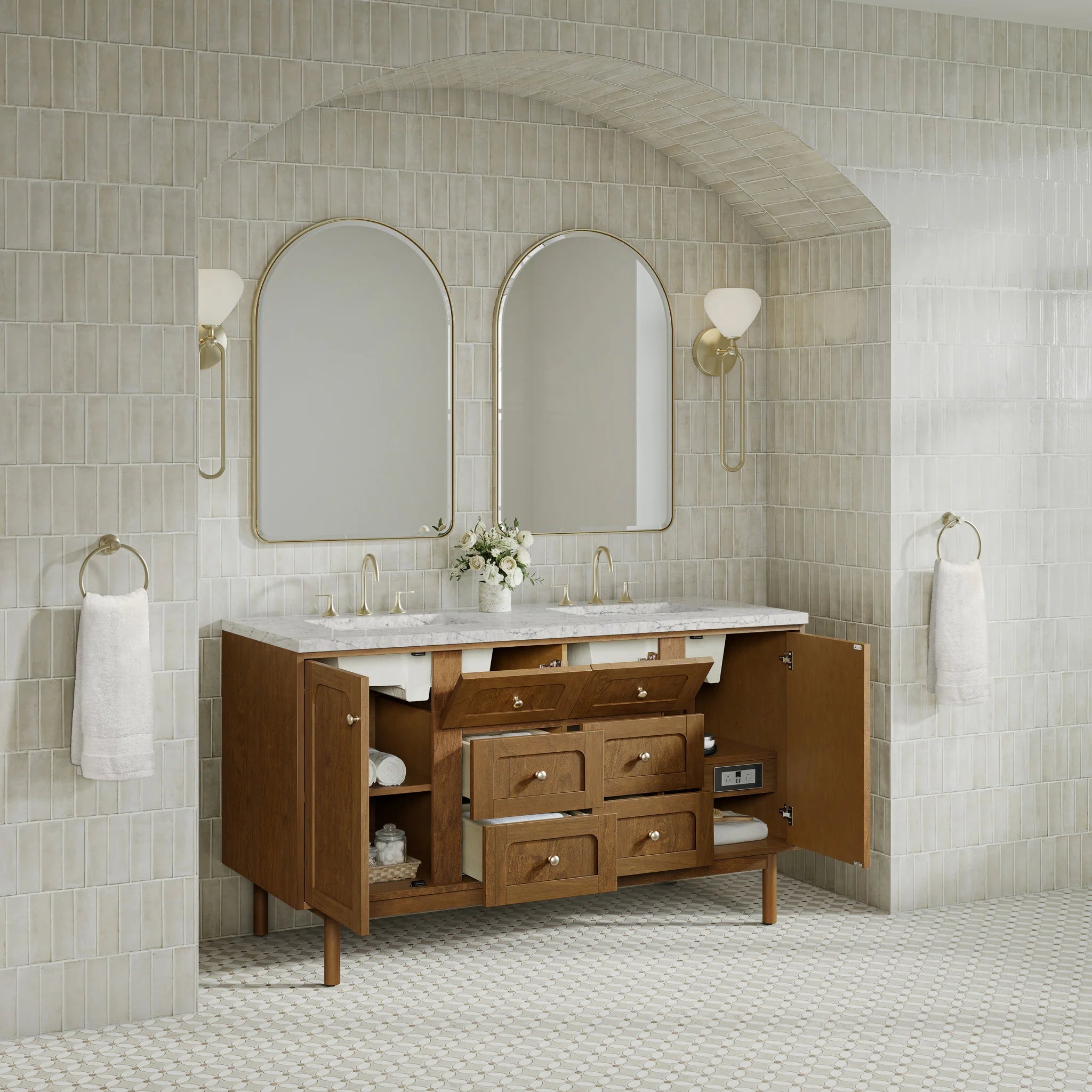60" Laurent Double Vanity in Honey Oak w/FreePower Wireless Charger by James Martin Vanities-Eternal Jasmine Pearl Silestone 6