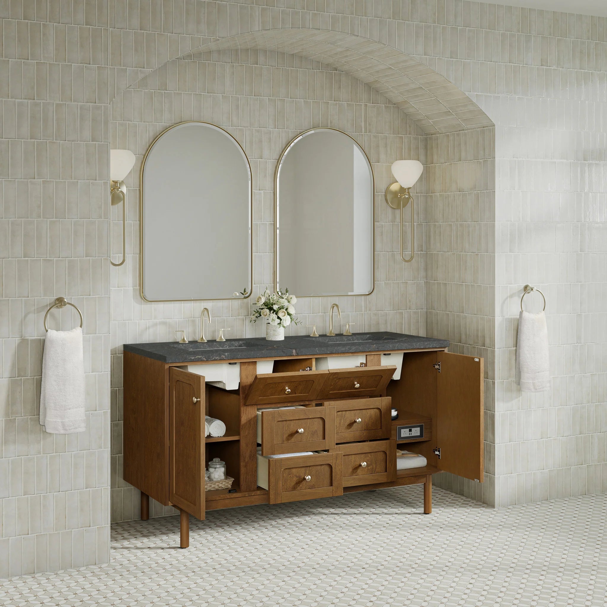 60" Laurent Double Vanity in Honey Oak w/FreePower Wireless Charger by James Martin Vanities-Parisien Bleu Silestone 6