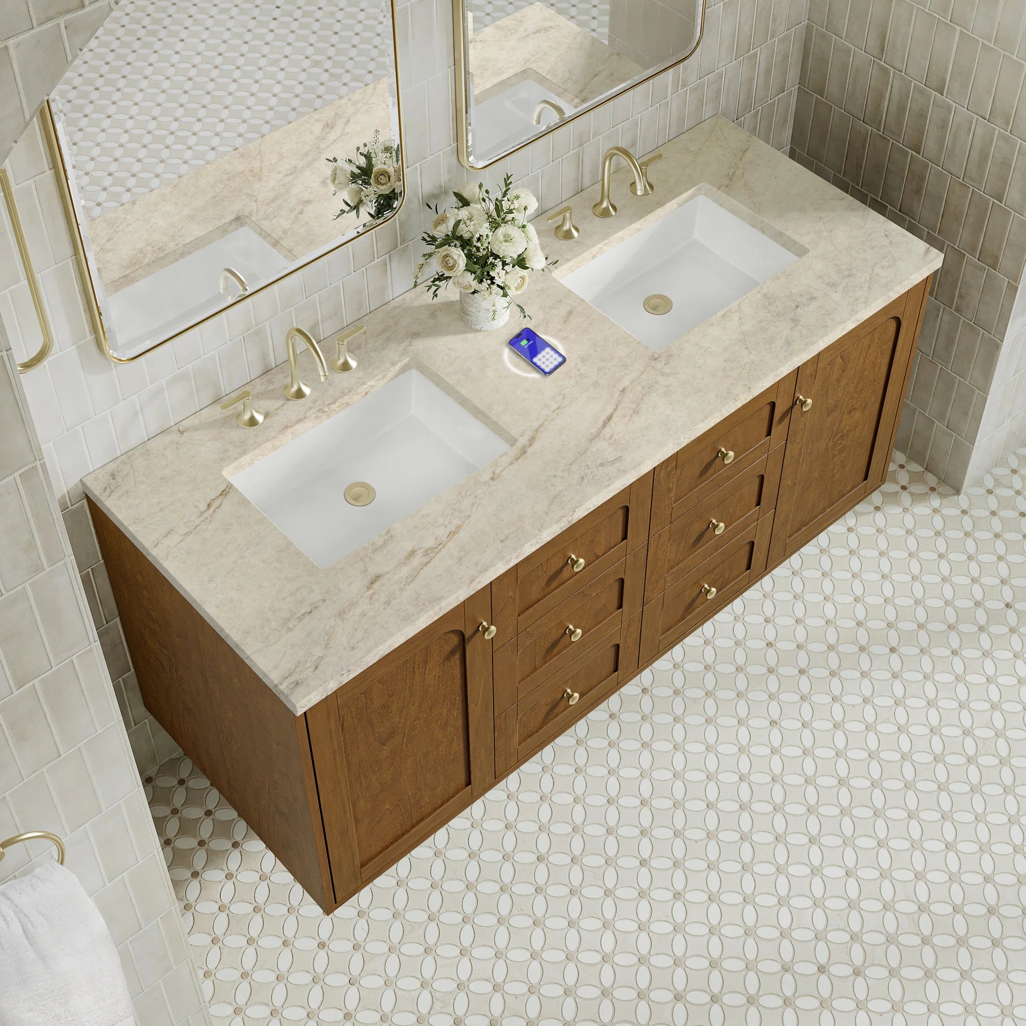 60" Laurent Double Vanity in Honey Oak w/FreePower Wireless Charger by James Martin Vanities-Tajnar Eclos 9
