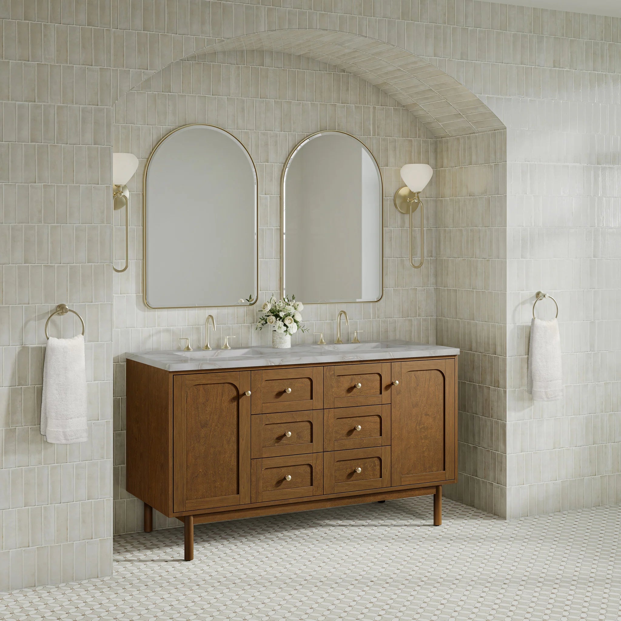 60" Laurent Double Vanity in Honey Oak w/FreePower Wireless Charger by James Martin Vanities-Victorian Silver Silestone 4