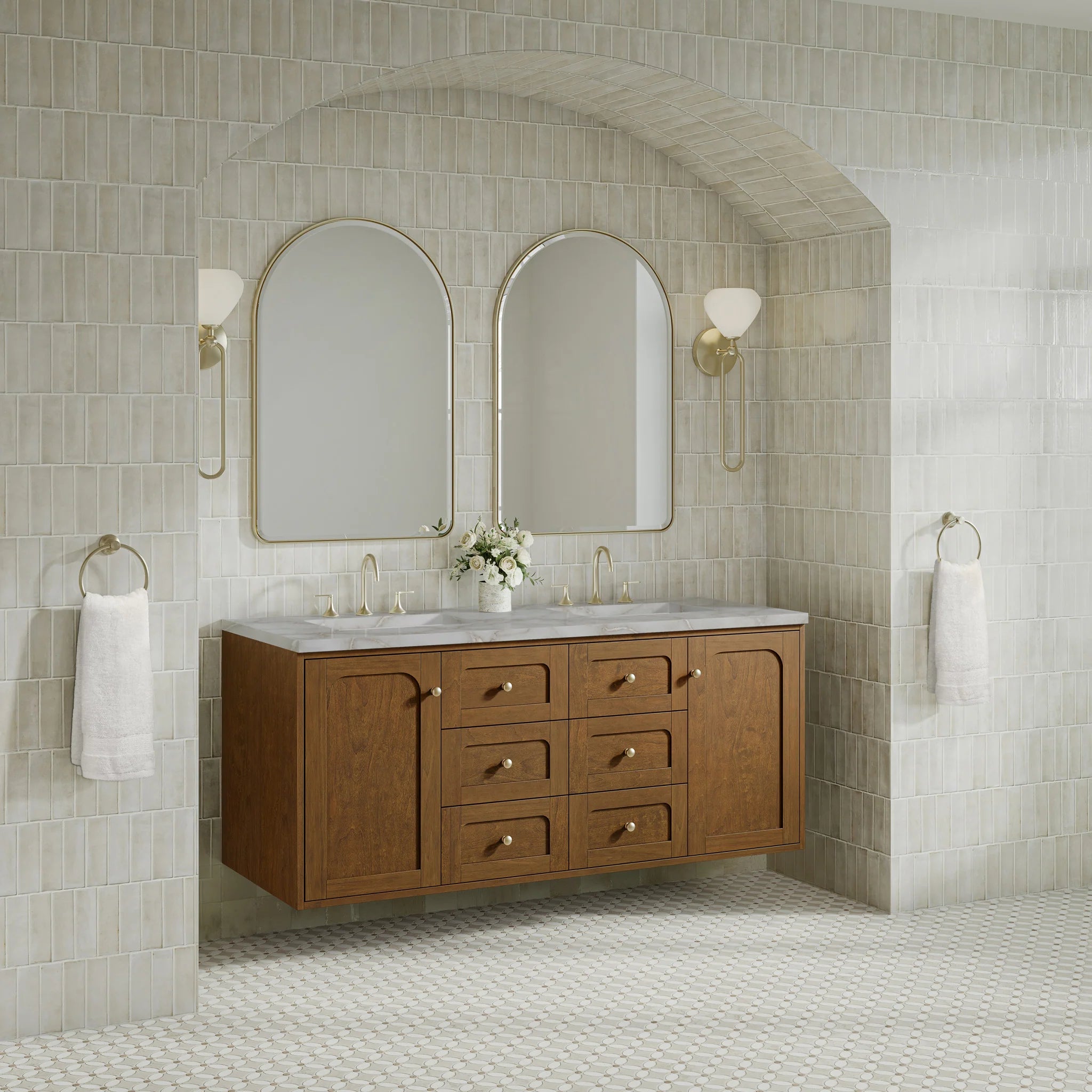 60" Laurent Double Vanity in Honey Oak w/FreePower Wireless Charger by James Martin Vanities-Victorian Silver Silestone 5