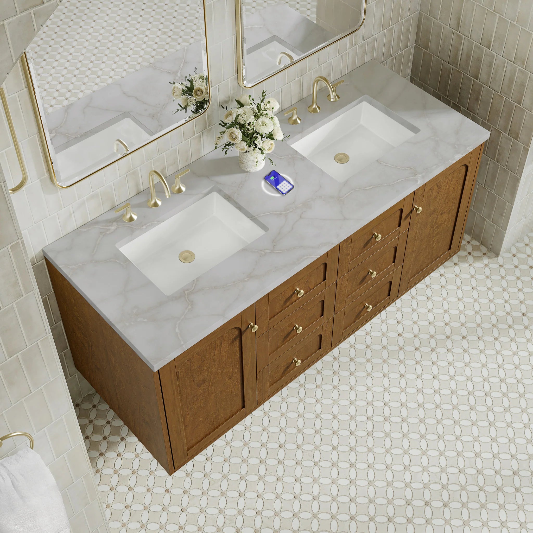 60" Laurent Double Vanity in Honey Oak w/FreePower Wireless Charger by James Martin Vanities-Victorian Silver Silestone 9