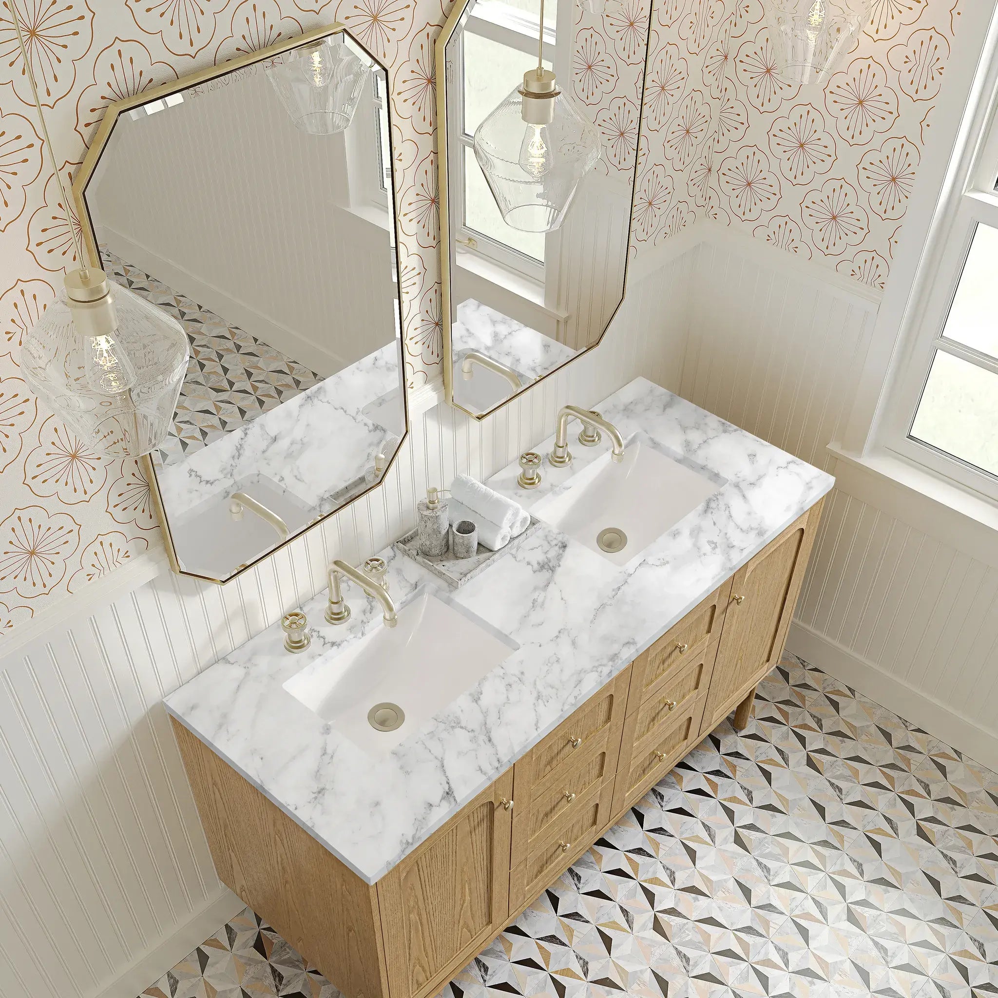 60" Laurent Double Vanity in Light Natural Oak-Carrara White Marble-8" Widespread image 10