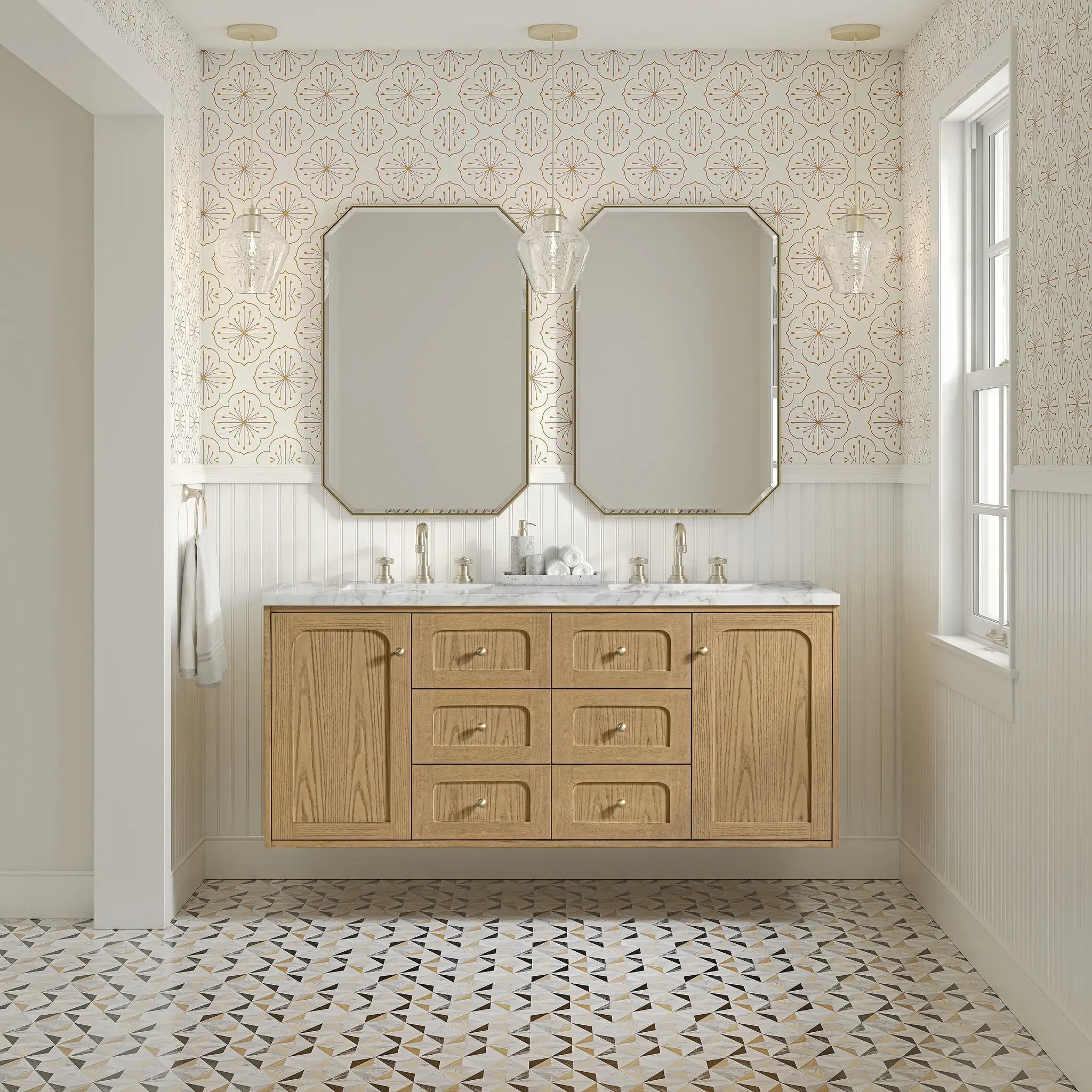 60" Laurent Double Vanity in Light Natural Oak-Carrara White Marble-8" Widespread image 4