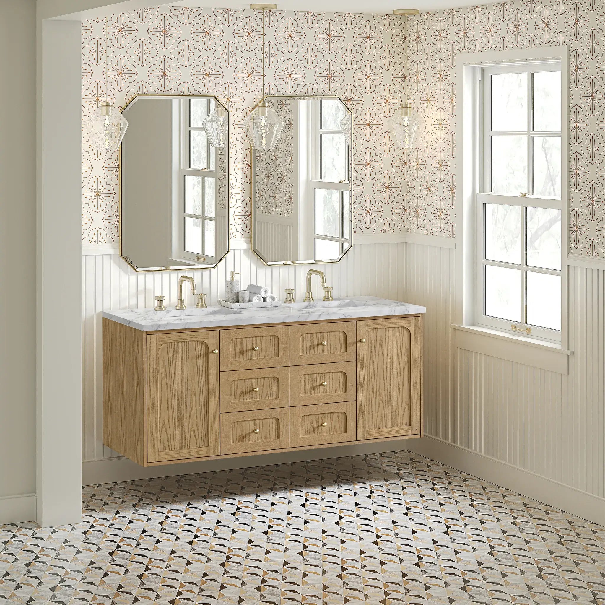 60" Laurent Double Vanity in Light Natural Oak-Carrara White Marble-8" Widespread image 6