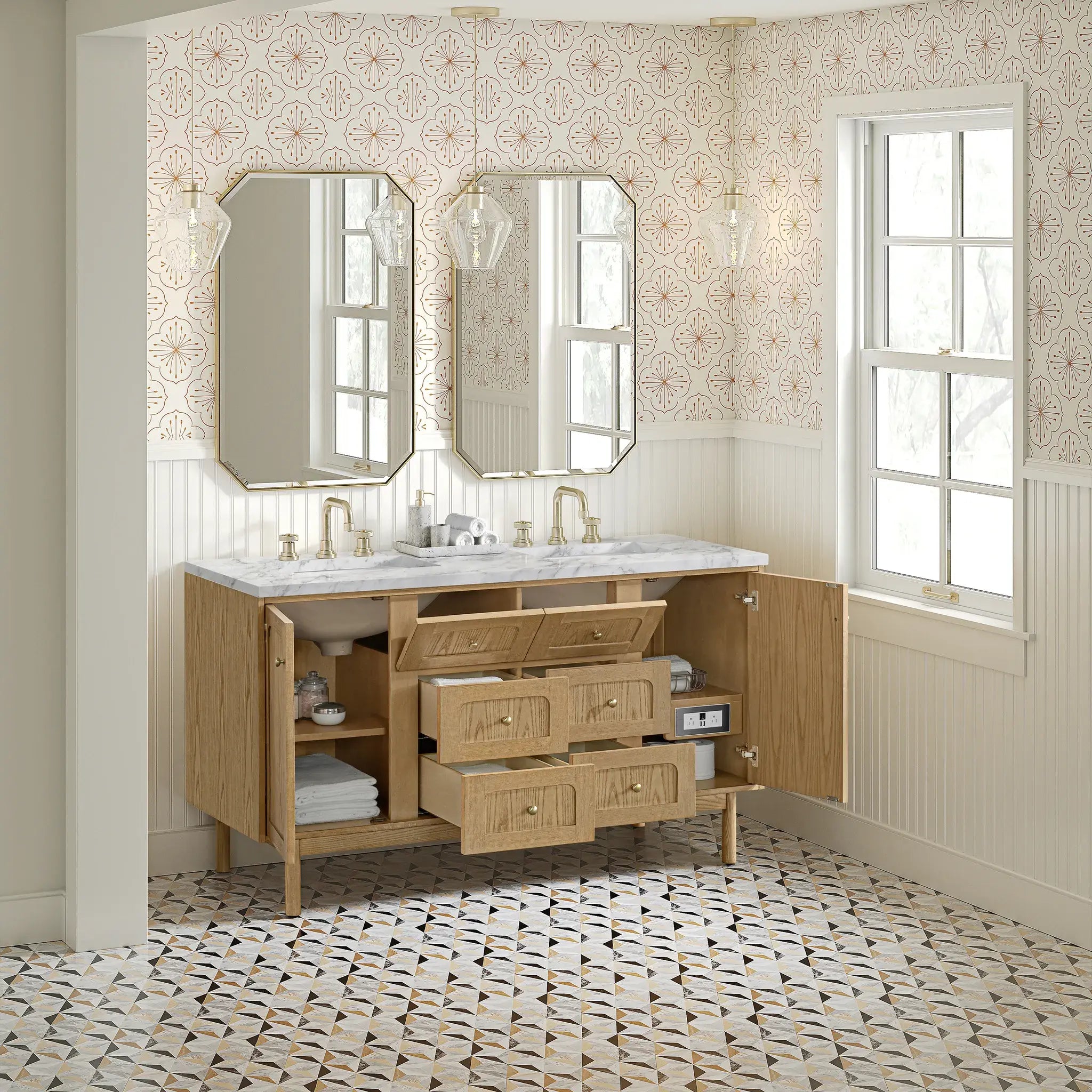 60" Laurent Double Vanity in Light Natural Oak-Carrara White Marble-8" Widespread image 7