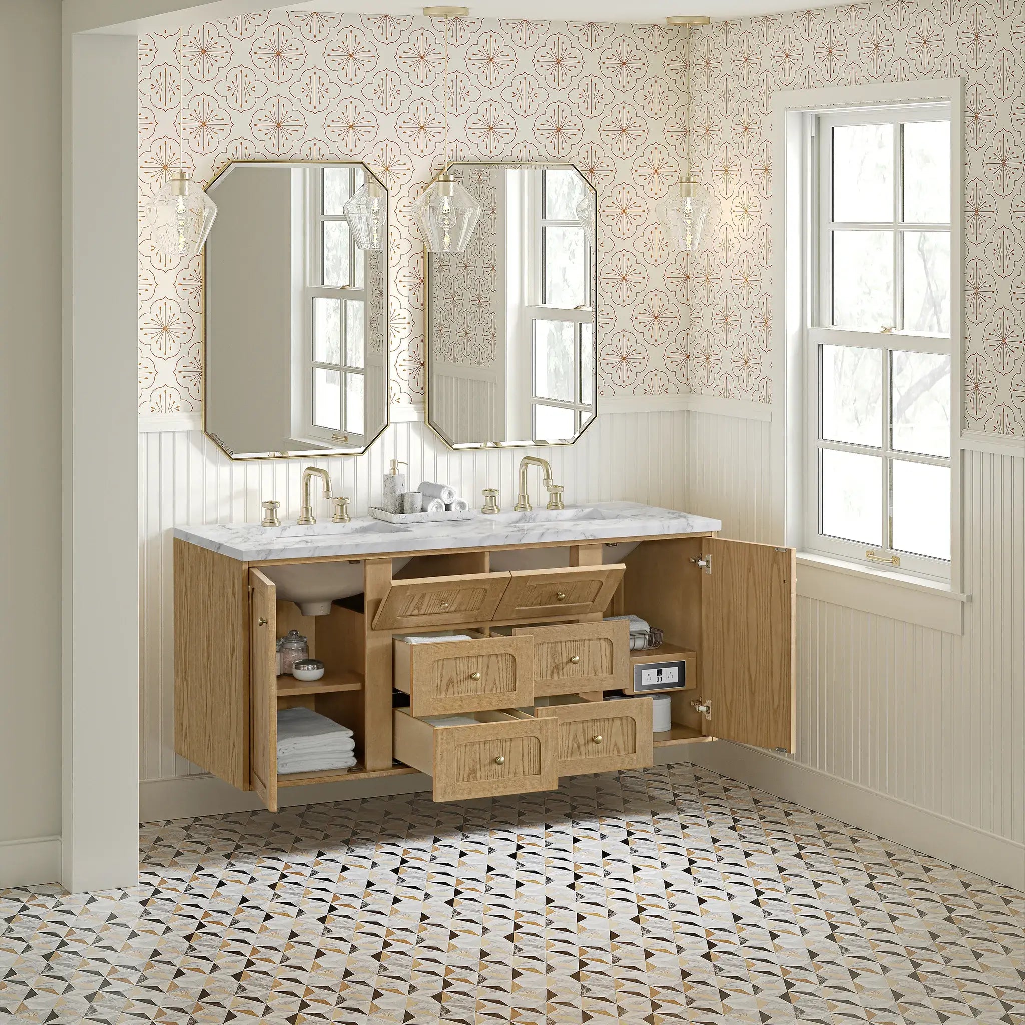 60" Laurent Double Vanity in Light Natural Oak-Carrara White Marble-8" Widespread image 8