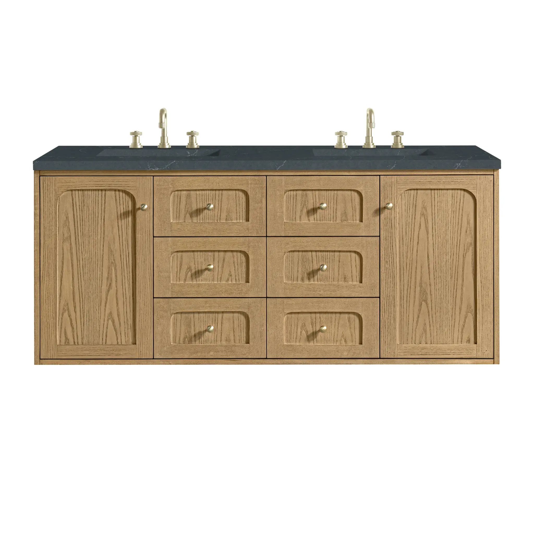 60" Laurent Double Vanity in Light Natural Oak-Charcoal Soapstone Silestone-8" Widespread image 1