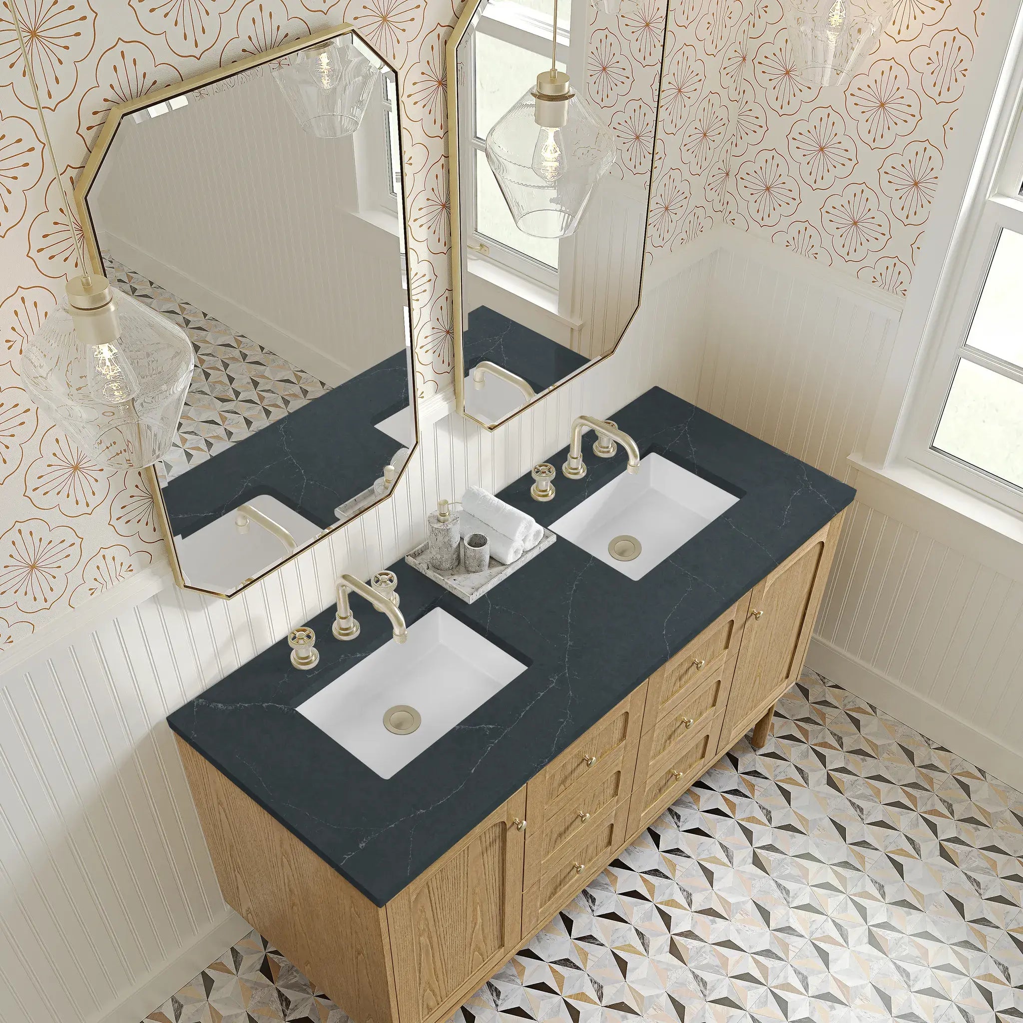 60" Laurent Double Vanity in Light Natural Oak-Charcoal Soapstone Silestone-8" Widespread image 10