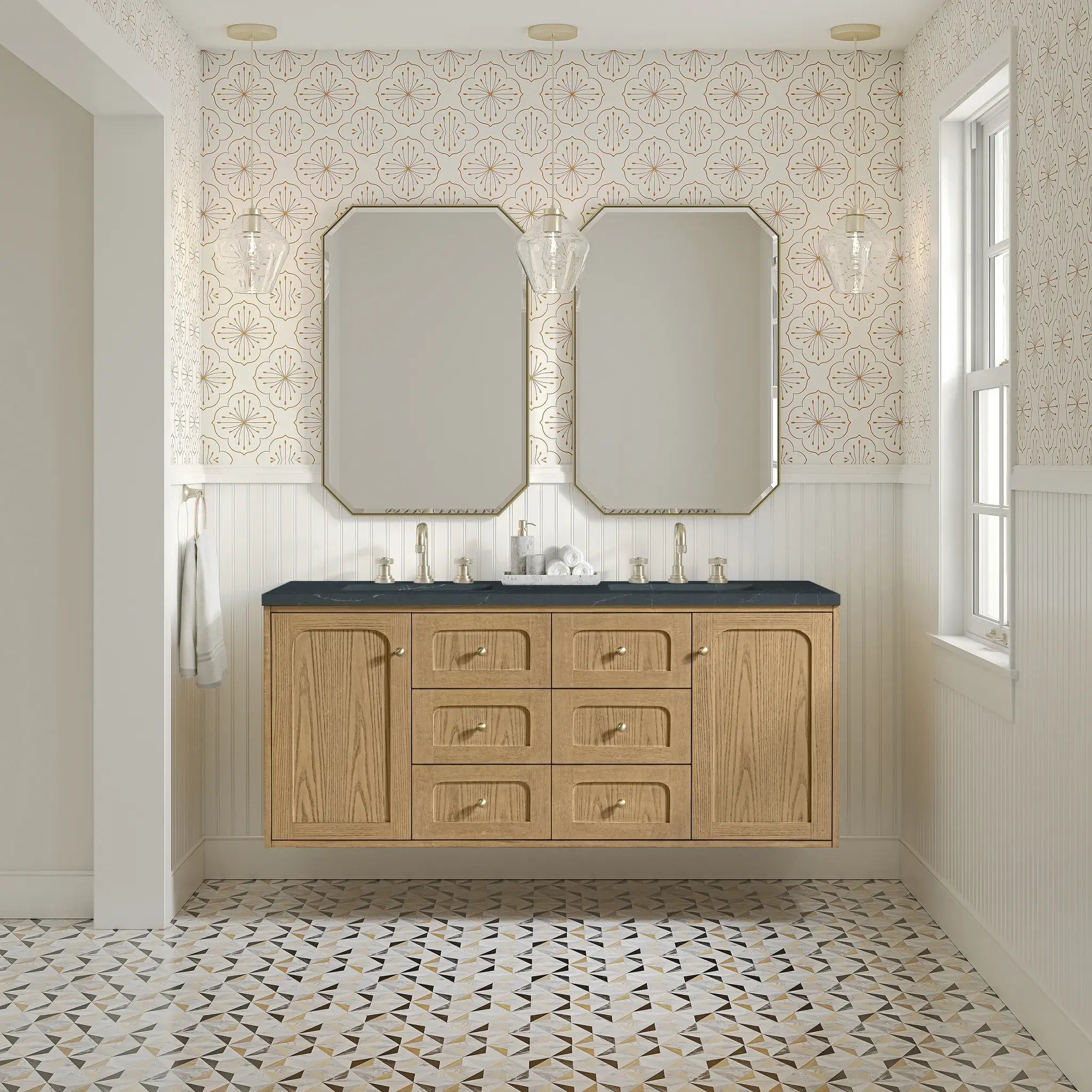 60" Laurent Double Vanity in Light Natural Oak-Charcoal Soapstone Silestone-8" Widespread image 4