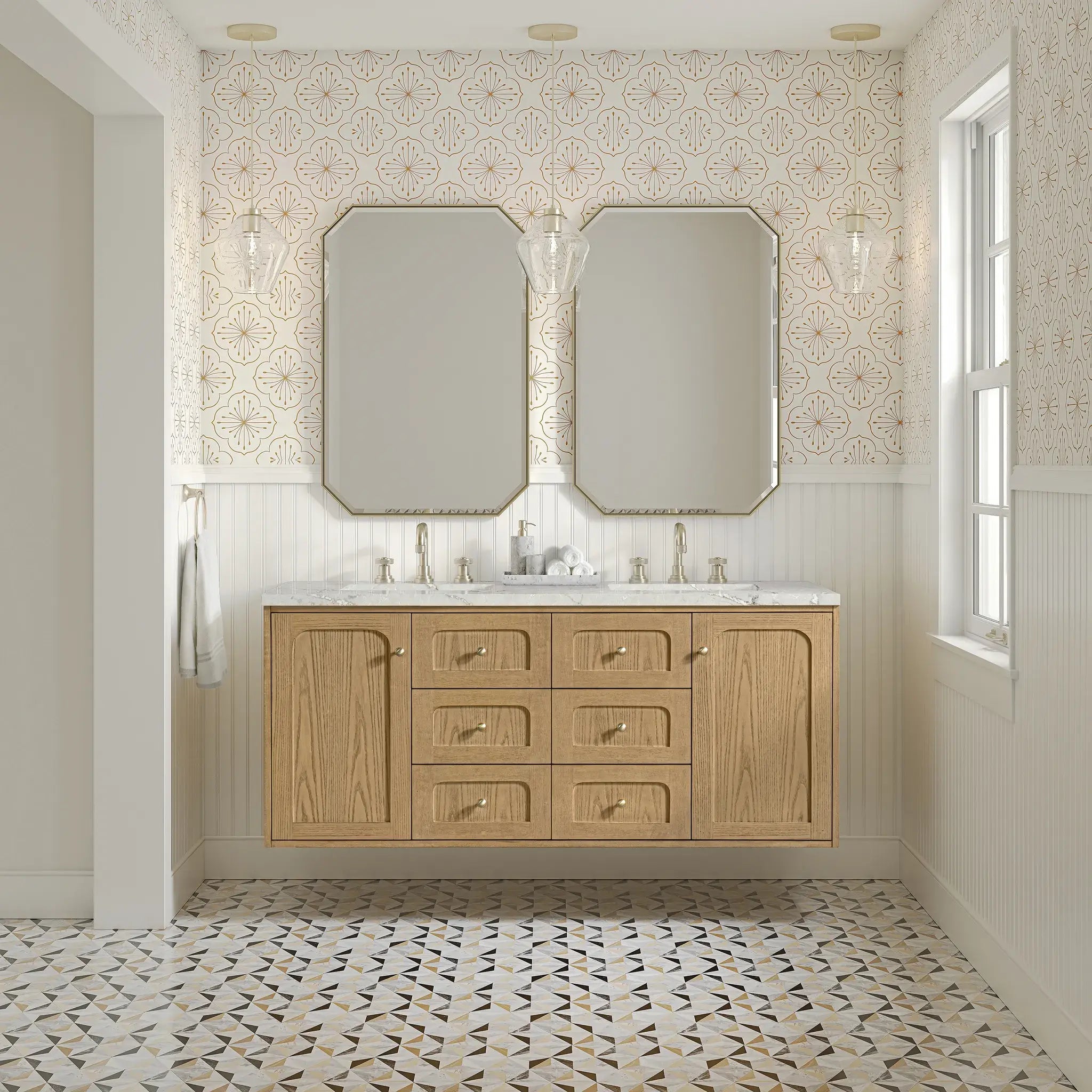 60" Laurent Double Vanity in Light Natural Oak-Victorian Silver Silestone-8" Widespread image 4
