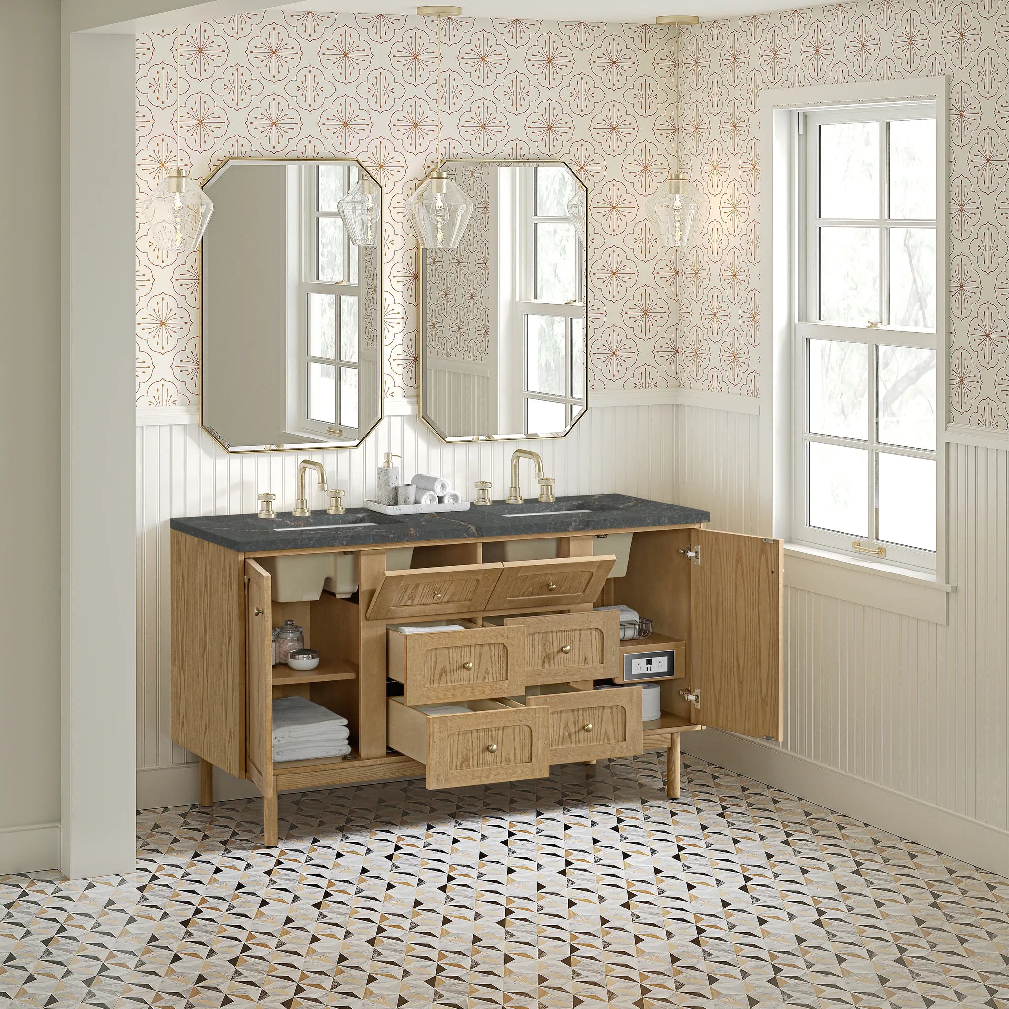 60" Laurent Double Vanity in Light Natural Oak w/FreePower Wireless Charger-Parisien Bleu Silestone-8" Widespread image 10