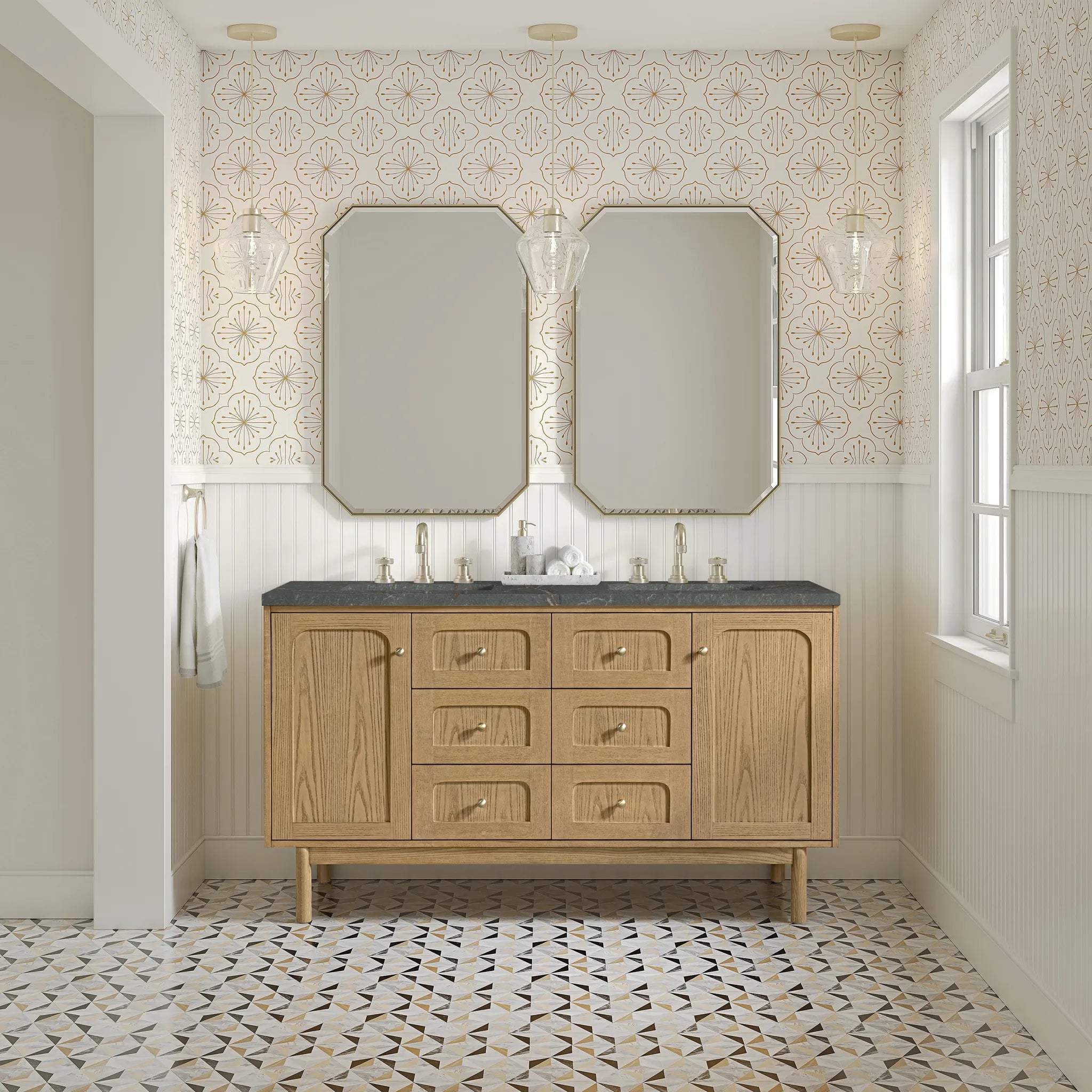 60" Laurent Double Vanity in Light Natural Oak w/FreePower Wireless Charger-Parisien Bleu Silestone-8" Widespread image 6