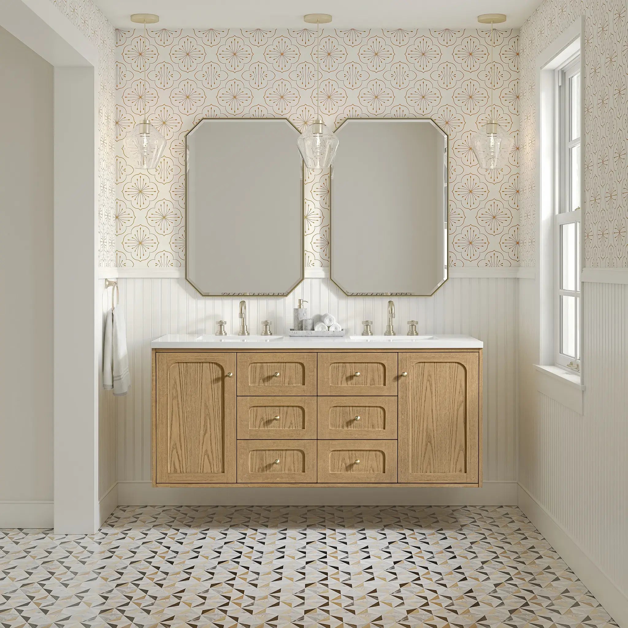 60" Laurent Double Vanity in Light Natural Oak-White Zeus Silestone-8" Widespread image 4