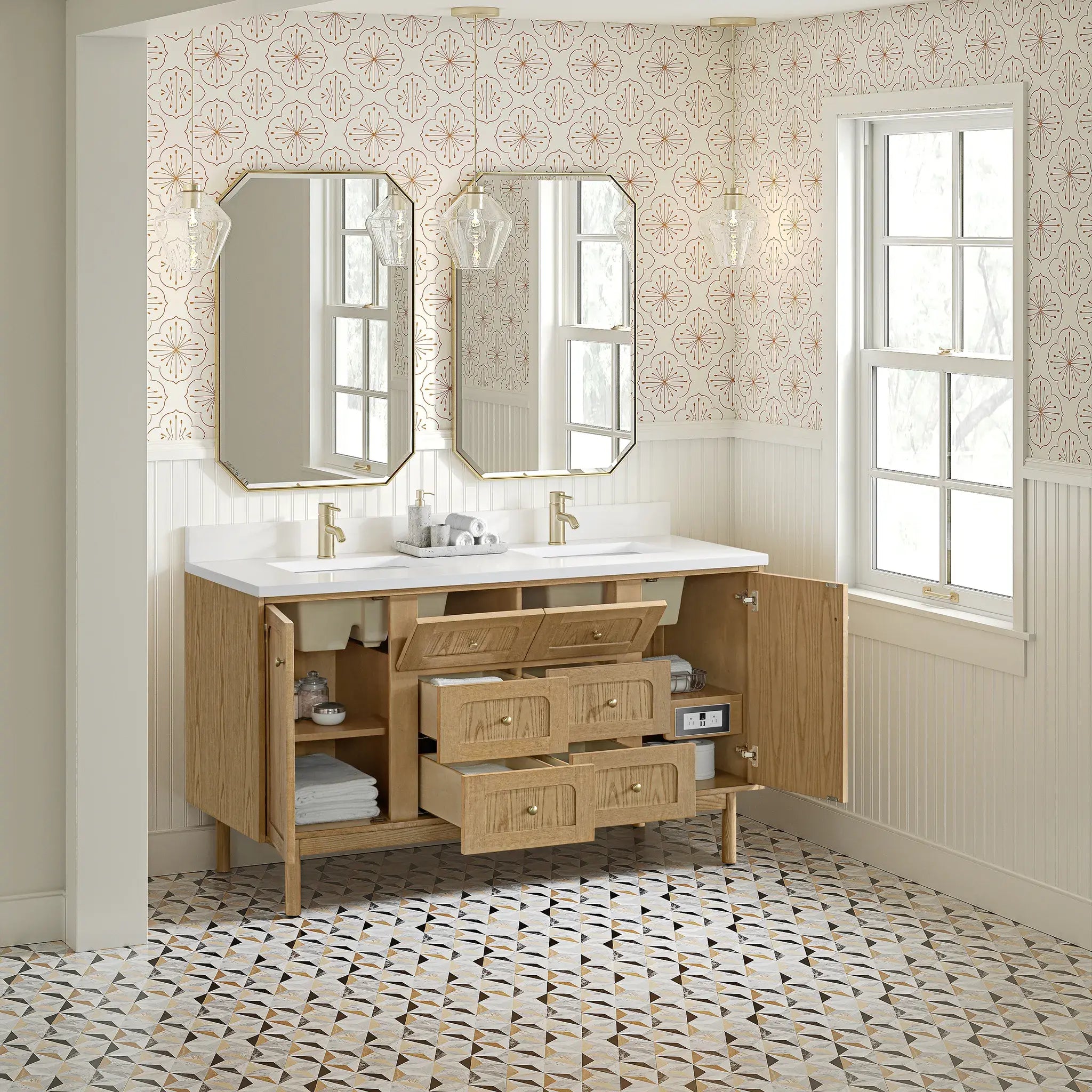 60" Laurent Double Vanity in Light Natural Oak-White Zeus Silestone & Backsplash-Single Hole image 7