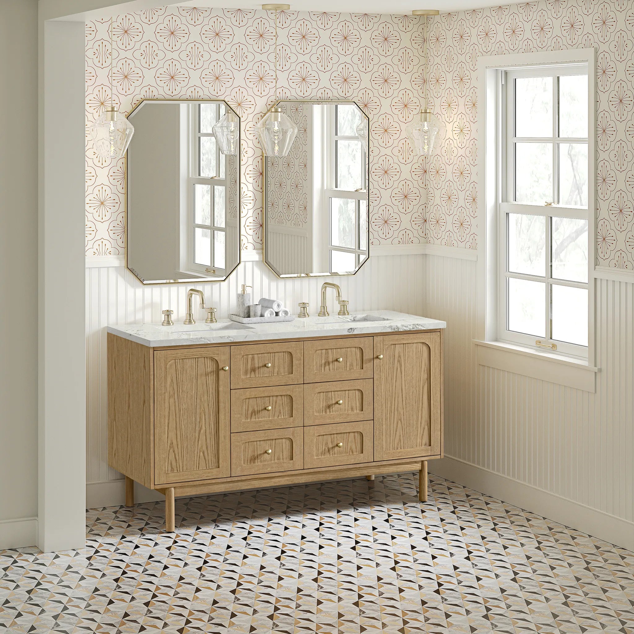60" Laurent Double Vanity in Light Natural Oak Wireless Charger-Victorian Silver Silestone-8" Widespread image 9