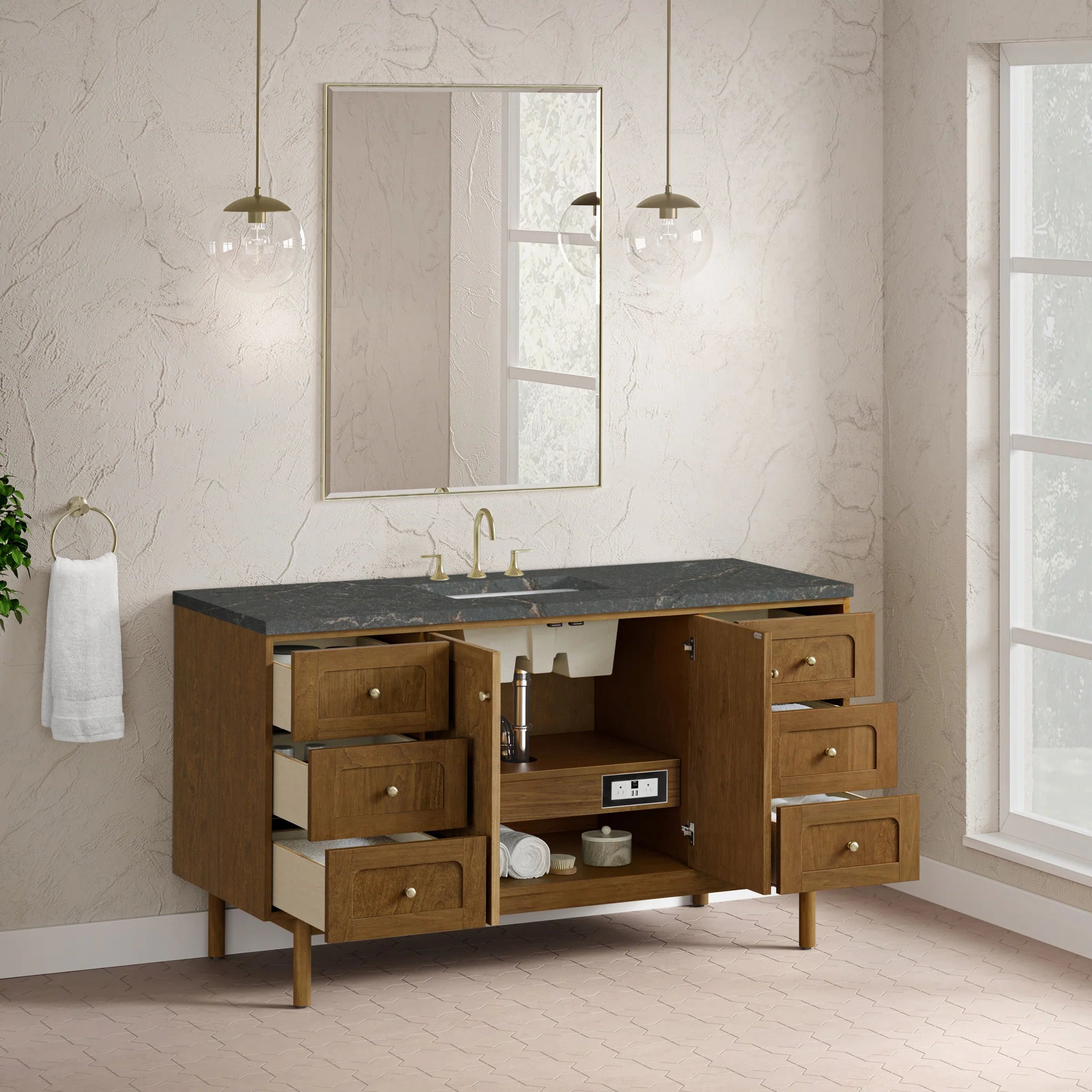 60" Laurent Single Vanity in Honey Oak w/FreePower Wireless Charger by James Martin Vanities-Parisien Bleu Silestone 6