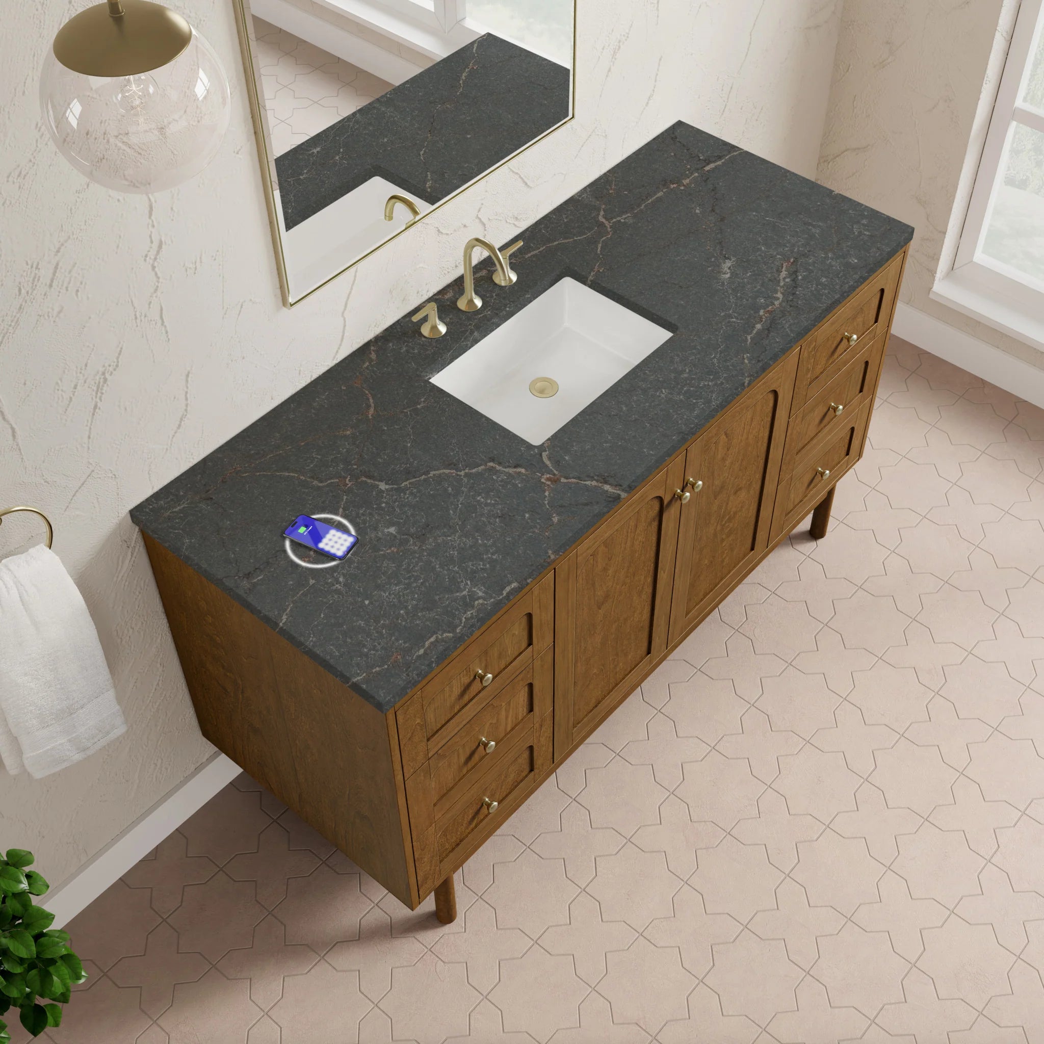 60" Laurent Single Vanity in Honey Oak w/FreePower Wireless Charger by James Martin Vanities-Parisien Bleu Silestone 8