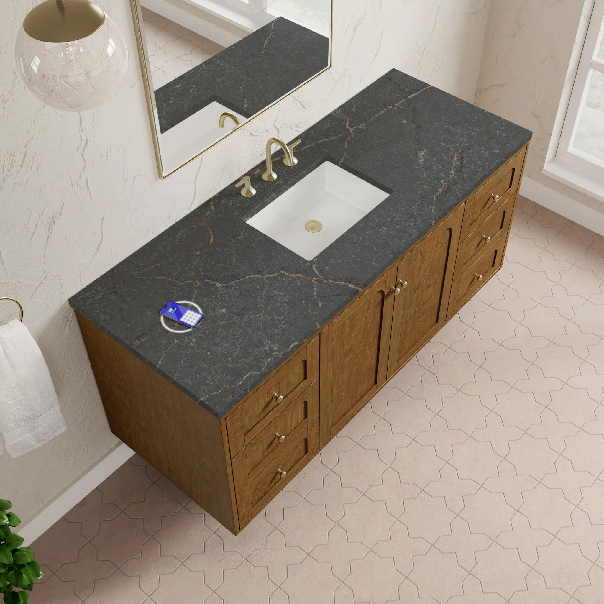 60" Laurent Single Vanity in Honey Oak w/FreePower Wireless Charger by James Martin Vanities-Parisien Bleu Silestone 9