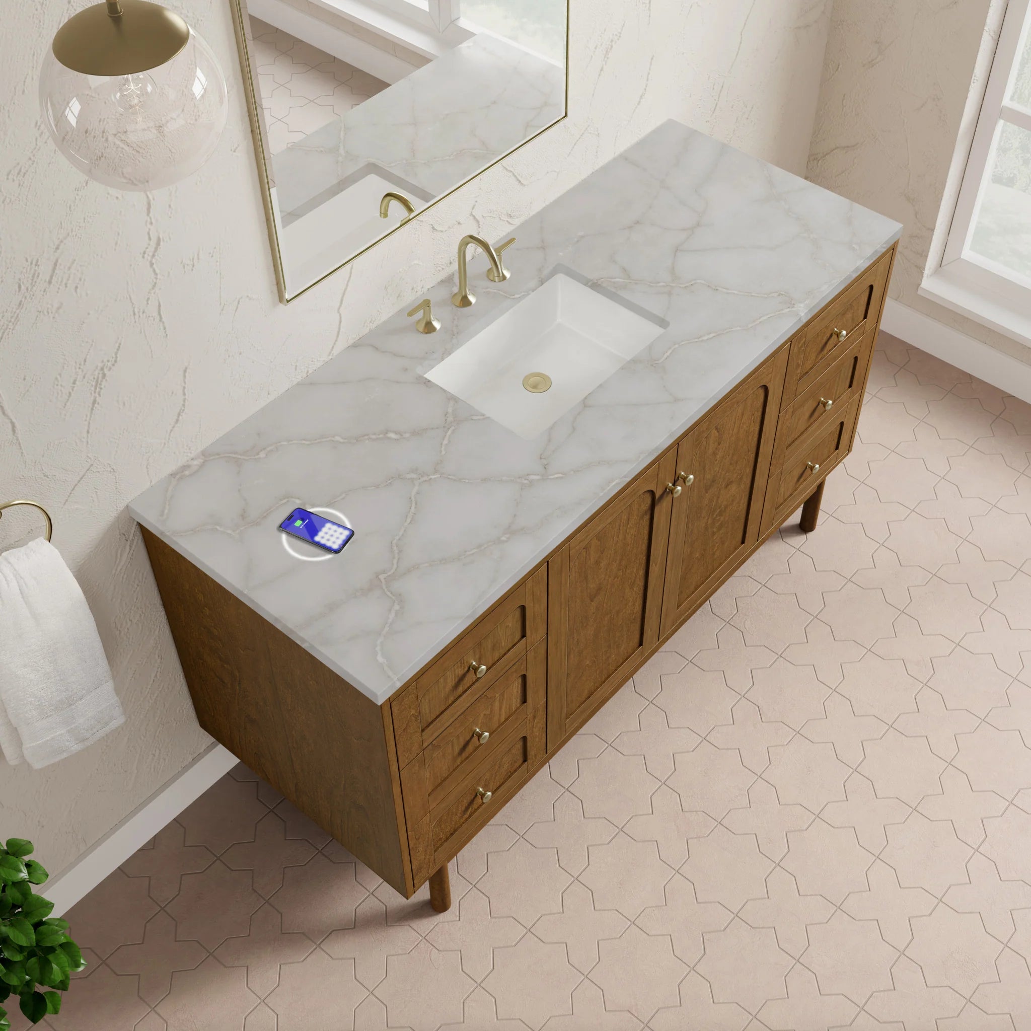 60" Laurent Single Vanity in Honey Oak w/FreePower Wireless Charger by James Martin Vanities-Victorian Silver Silestone 8