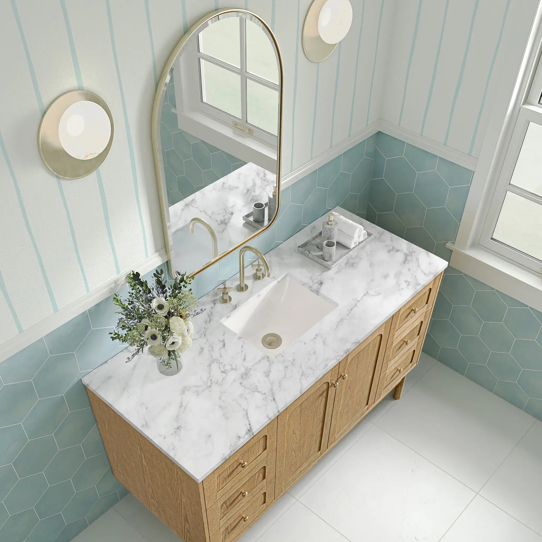 60" Laurent Single Vanity in Light Natural Oak-Carrara White Marble-8" Widespread image 10