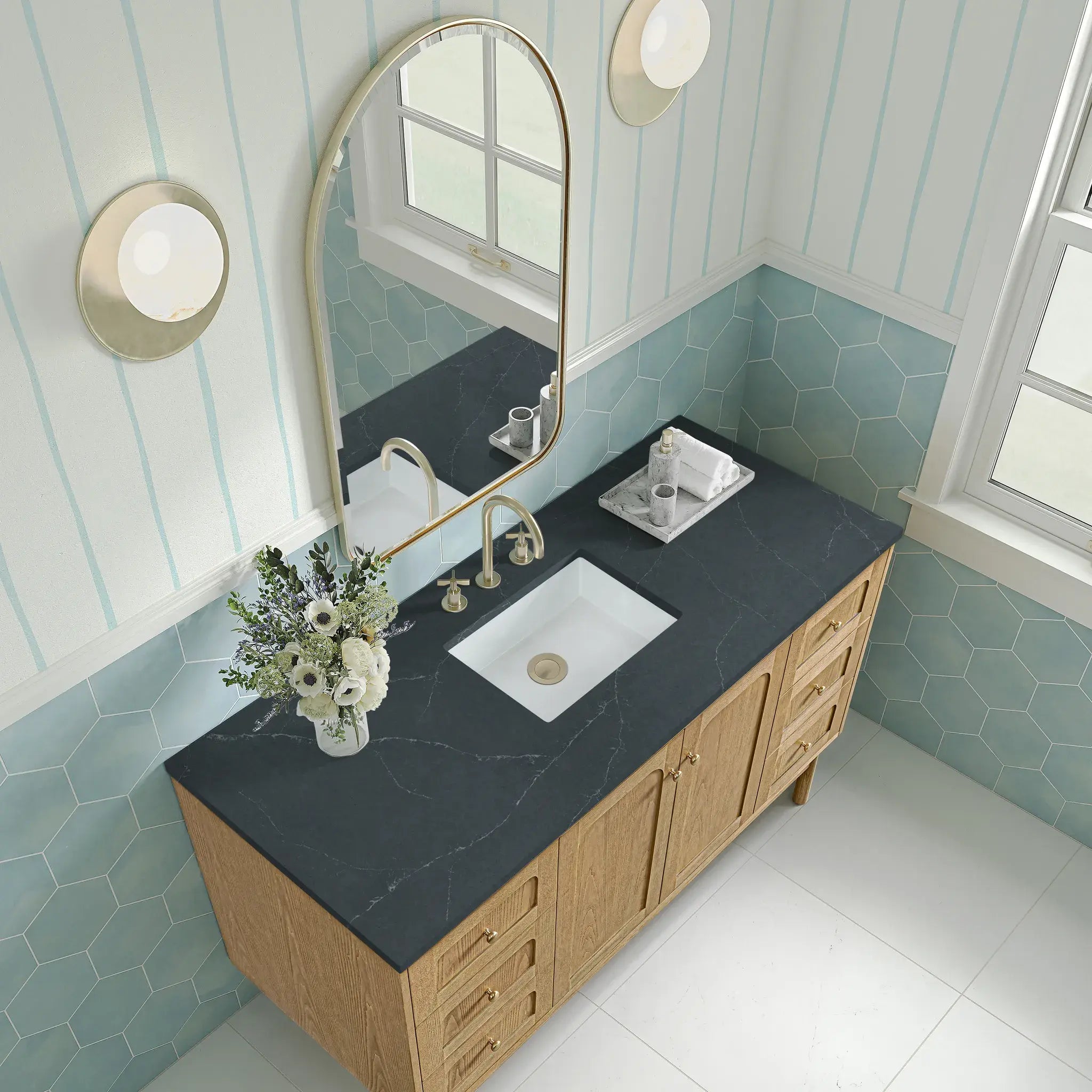 60" Laurent Single Vanity in Light Natural Oak-Charcoal Soapstone Silestone-8" Widespread image 10