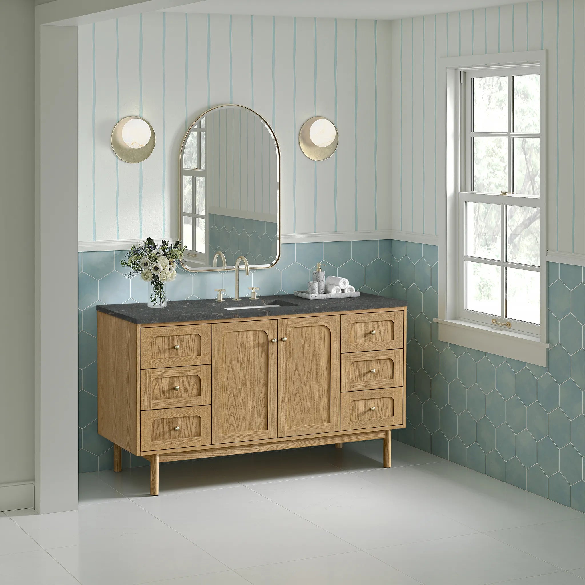60" Laurent Single Vanity in Light Natural Oak, w/FreePower Wireless Charger-Parisien Bleu Silestone-8" Widespread image 6