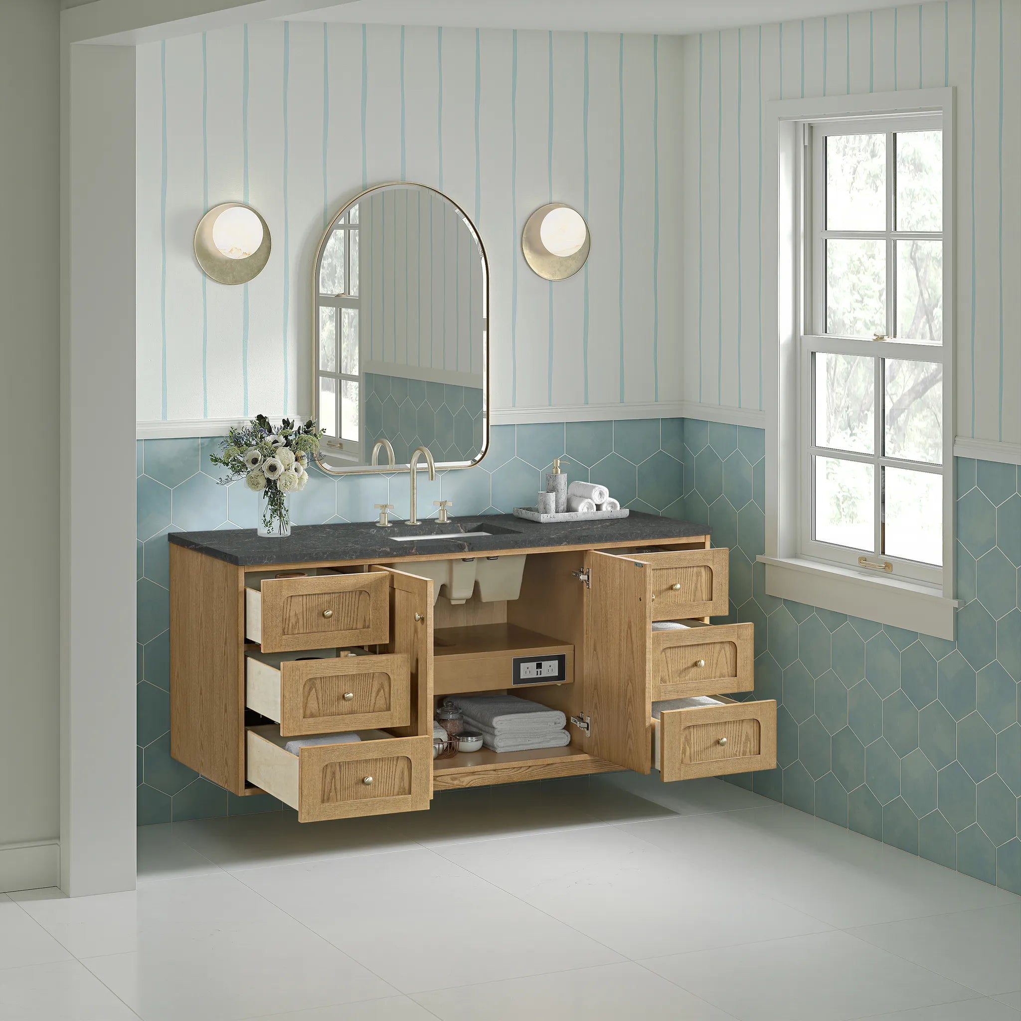 60" Laurent Single Vanity in Light Natural Oak, w/FreePower Wireless Charger-Parisien Bleu Silestone-8" Widespread image 9