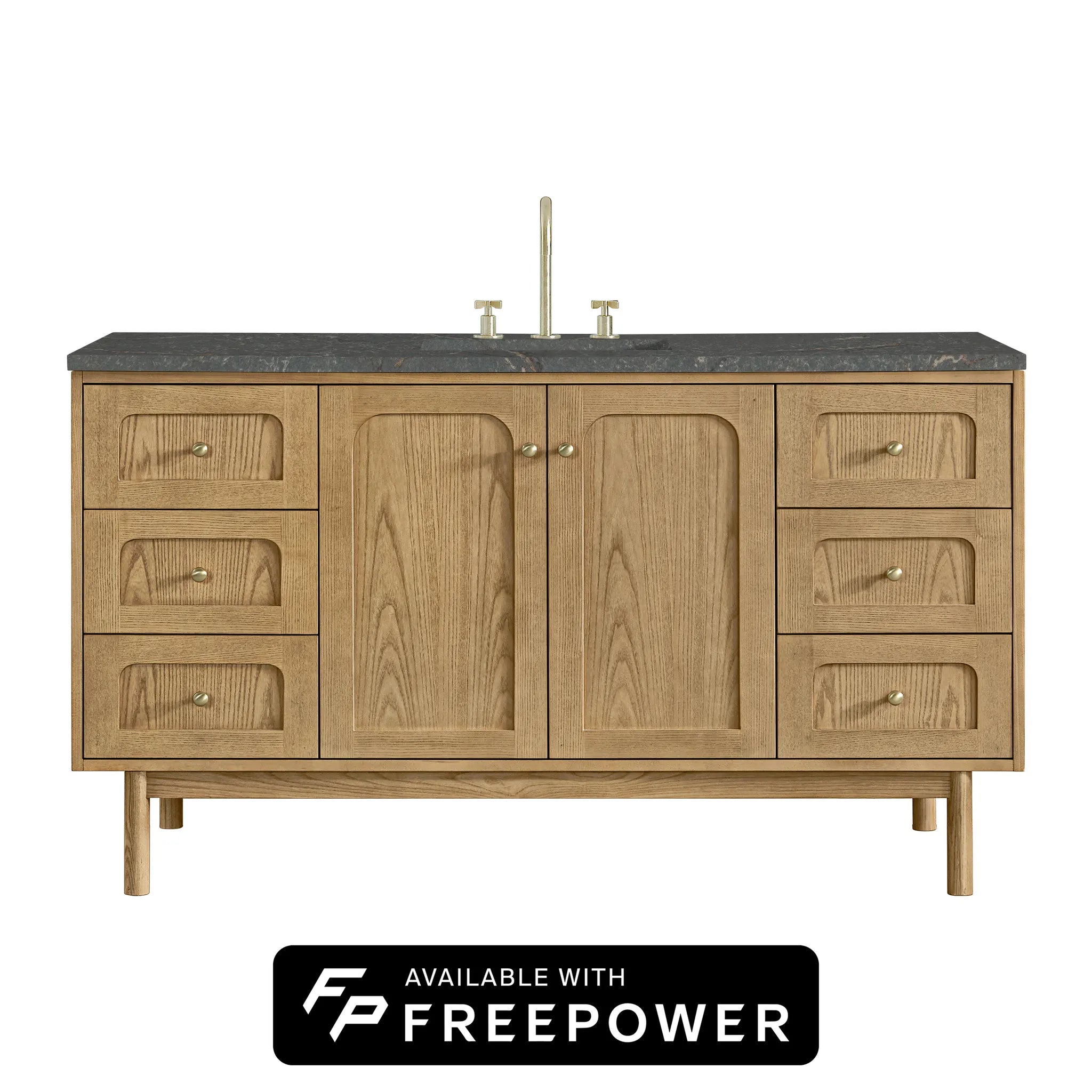 60" Laurent Single Vanity in Light Natural Oak, w/FreePower Wireless Charger-Parisien Bleu Silestone-8" Widespread image